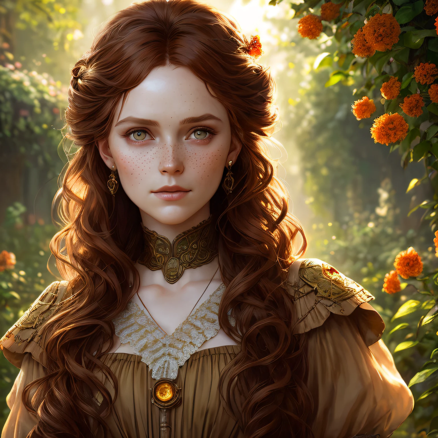 chimamanda skin, (freckles), detailed beautiful woman of 25 years old, reddish golden brown hair, medium, curly, armed and messy hair, detaiiled perfect hazel eyes, delicate symmetric realistic and beautiful face, (sunny garden backgroung), regency lady dress, full body, masterpiece, fine detail, rich colors, dramatic lighting, extremely detailed, cinematic lighting hyperdetailed painting, luminism, Bar lighting, complex, 4k resolution concept art portrait by Greg Rutkowski, Artgerm, WLOP, Alphonse Mucha, little fusion pojatti realistic goth: a stunning realistic photograph 30 years