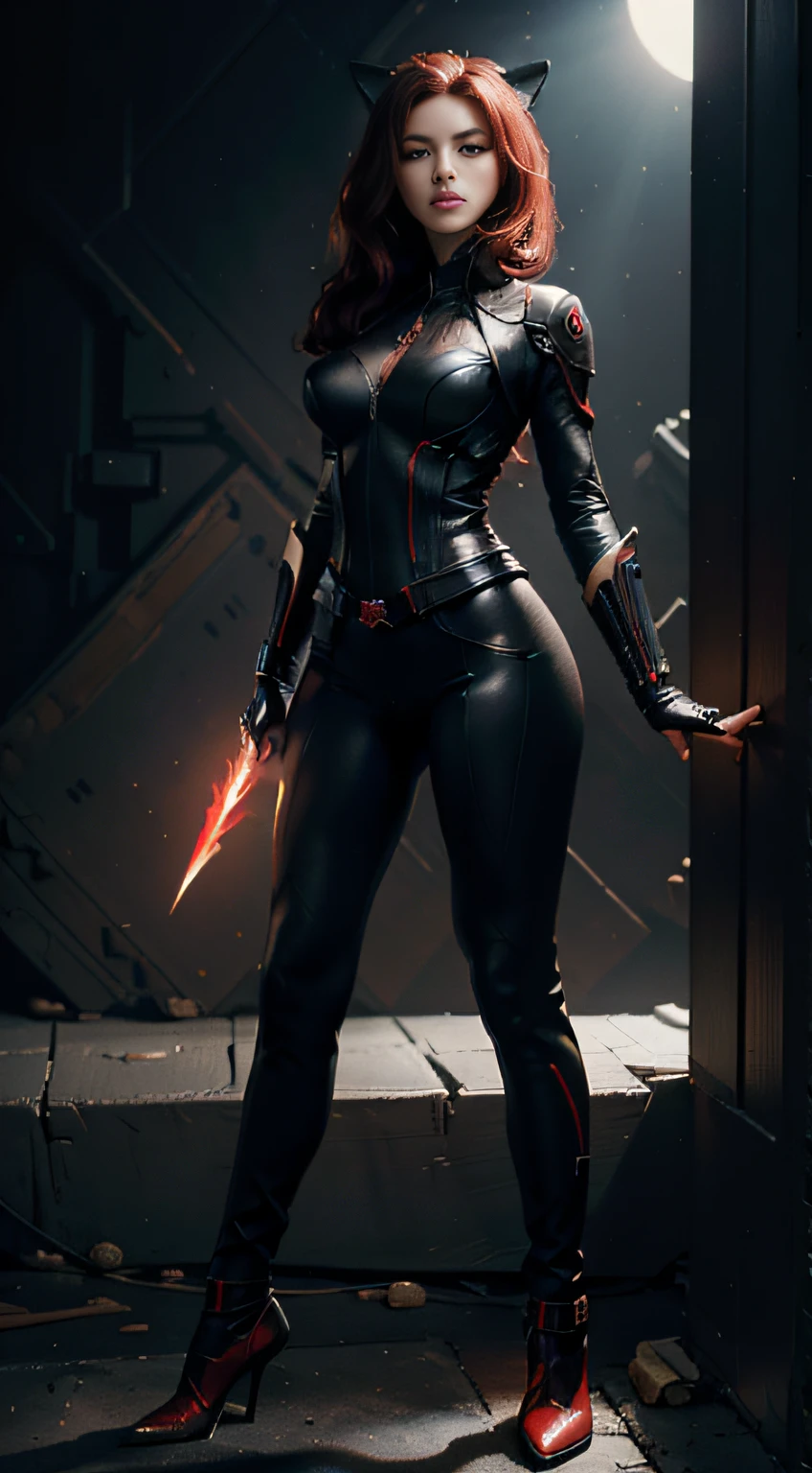 Full body front view visible on feet: 1.5, Headlights: 1.5, A standing character: 1.2, highly creative illustration depicting a mixture of DC Horngirl and Marvel character Black Widow, black metal cat ears, white background, illustration, in artgerm style, highly detailed suit, red and black, symmetrical asymmetry, heavy shadow, thin waist, thin legs, thin gap, cameltoe, jan weenix, (ultra-detailed))), ((best quality)) , ((((Masterpiece))), High Resolution, 8K, Anatomically Correct, Ultra HD