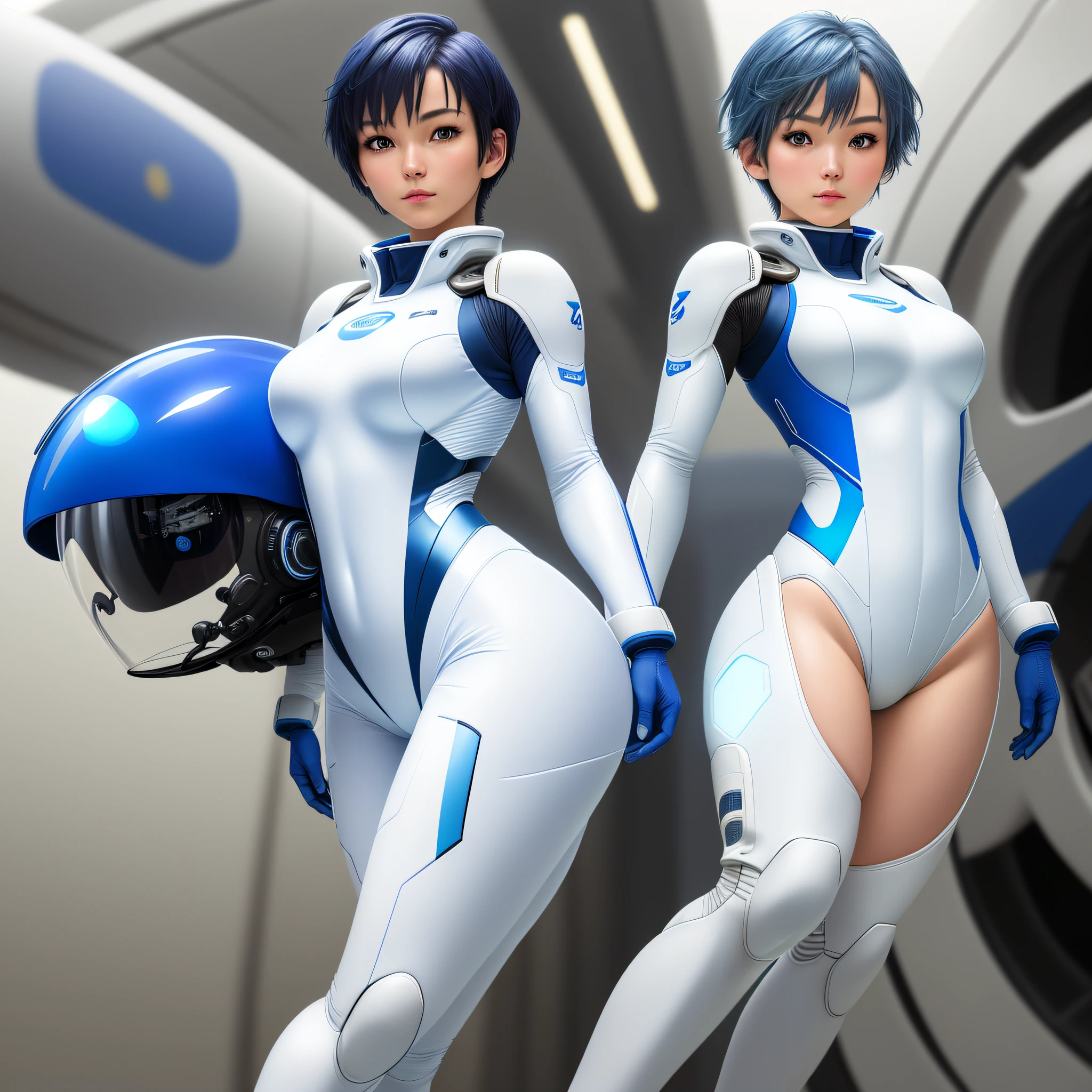 Author, highest quality, highest resolution, distinct_image): (Solo, Japan face, short blue haired girl, full body figure, small breasts, sparkling blue colored eyes, flight pilot suit in white and blue color, tight fit clothes, clothes covering the whole body, beauty, slim body, exoskeleton, dynamic pose)