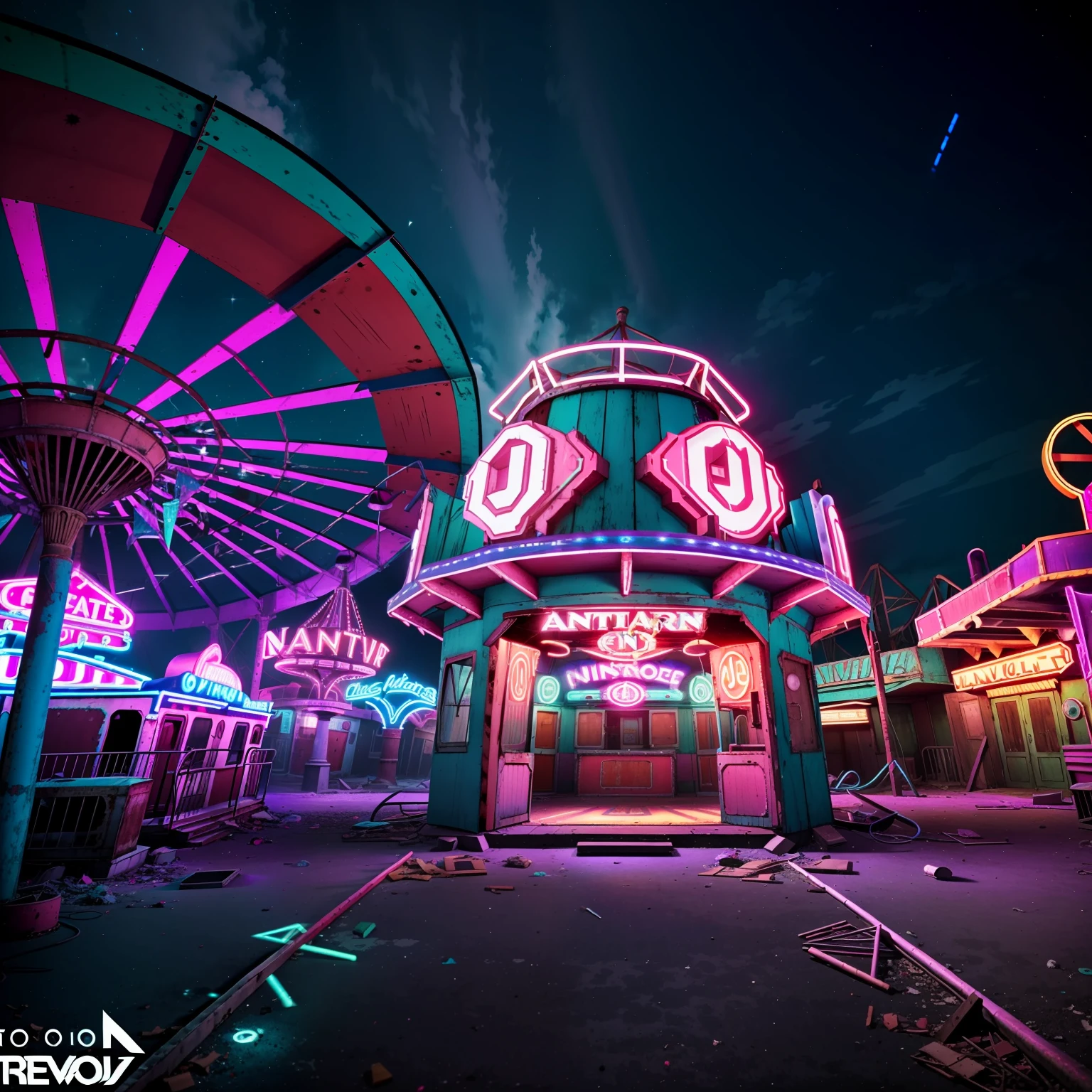 Create an image of an abandoned amusement park at night, with a mysterious atmosphere and neon lights illuminating the scene. Incorporate a DJ booth and hints of a forgotten party that once took place. --auto --s2