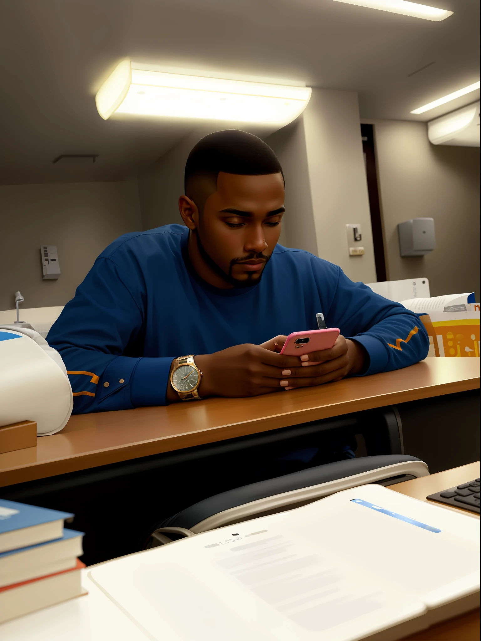 There's a man with a closed beard and made sitting at a desk looking at his phone, looking at his phone, MKBHD, in the background of thought, #oc, #OC, Ástor Alexander, David Uzochukwu, taken on the iPhone 14 Pro, taken on the iPhone 1 3 Pro, lost in thought, low quality photo, photo on the iPhone, George Pemba, in college