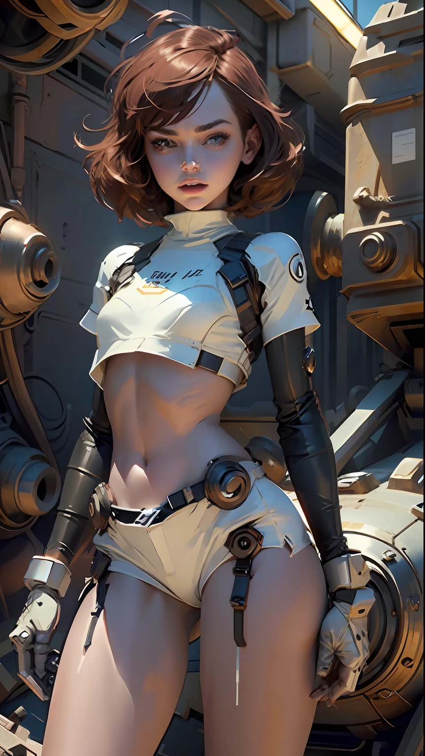 Actress Emma Stone, body defined thick thighs cybernetic body parts, short underwear