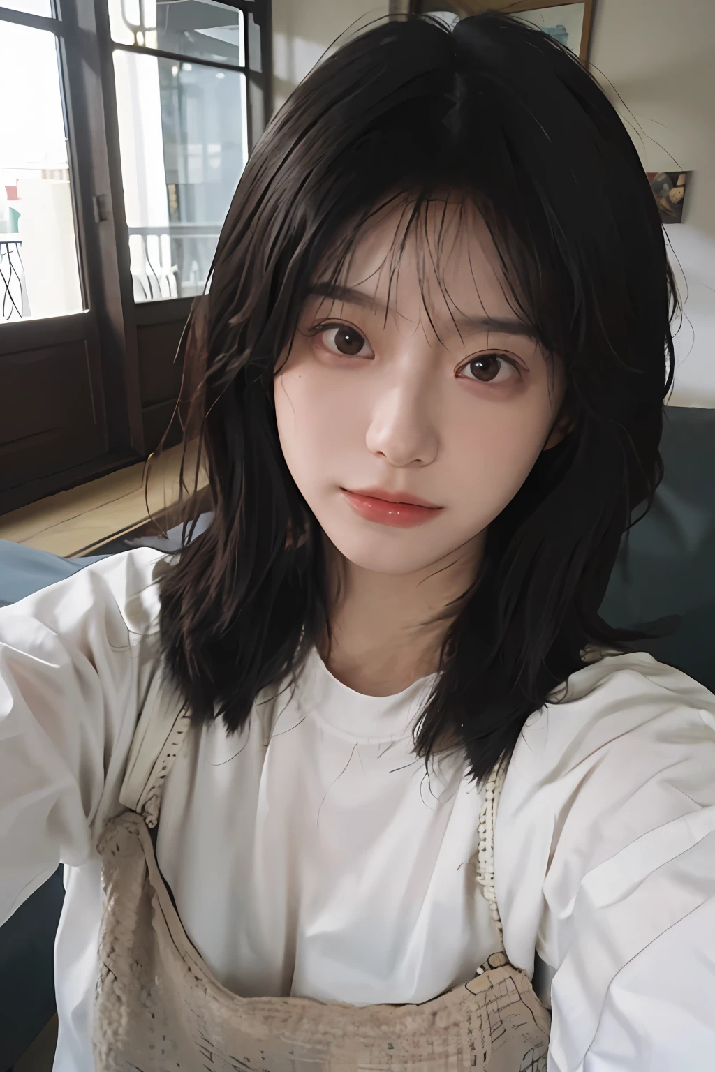 8K, Sunlight, Best Quality, Masterpiece, Ultra High Resolution, (Realism: 1.4), Original Photo, (Real Skin Texture: 1.3), (Film Grain: 1.3), (Selfie Angle), 1 Girl, Beautiful Eyes and Face Details, Masterpiece, Best Quality, Close-up, Upper Body, Looking at the Viewer