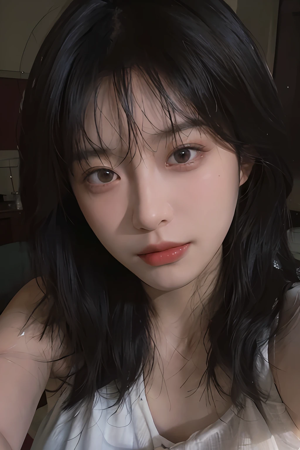 8K, Sunlight, Best Quality, Masterpiece, Ultra High Resolution, (Realism: 1.4), Original Photo, (Real Skin Texture: 1.3), (Film Grain: 1.3), (Selfie Angle), 1 Girl, Beautiful Eyes and Face Details, Masterpiece, Best Quality, Close-up, Upper Body, Looking at the Viewer