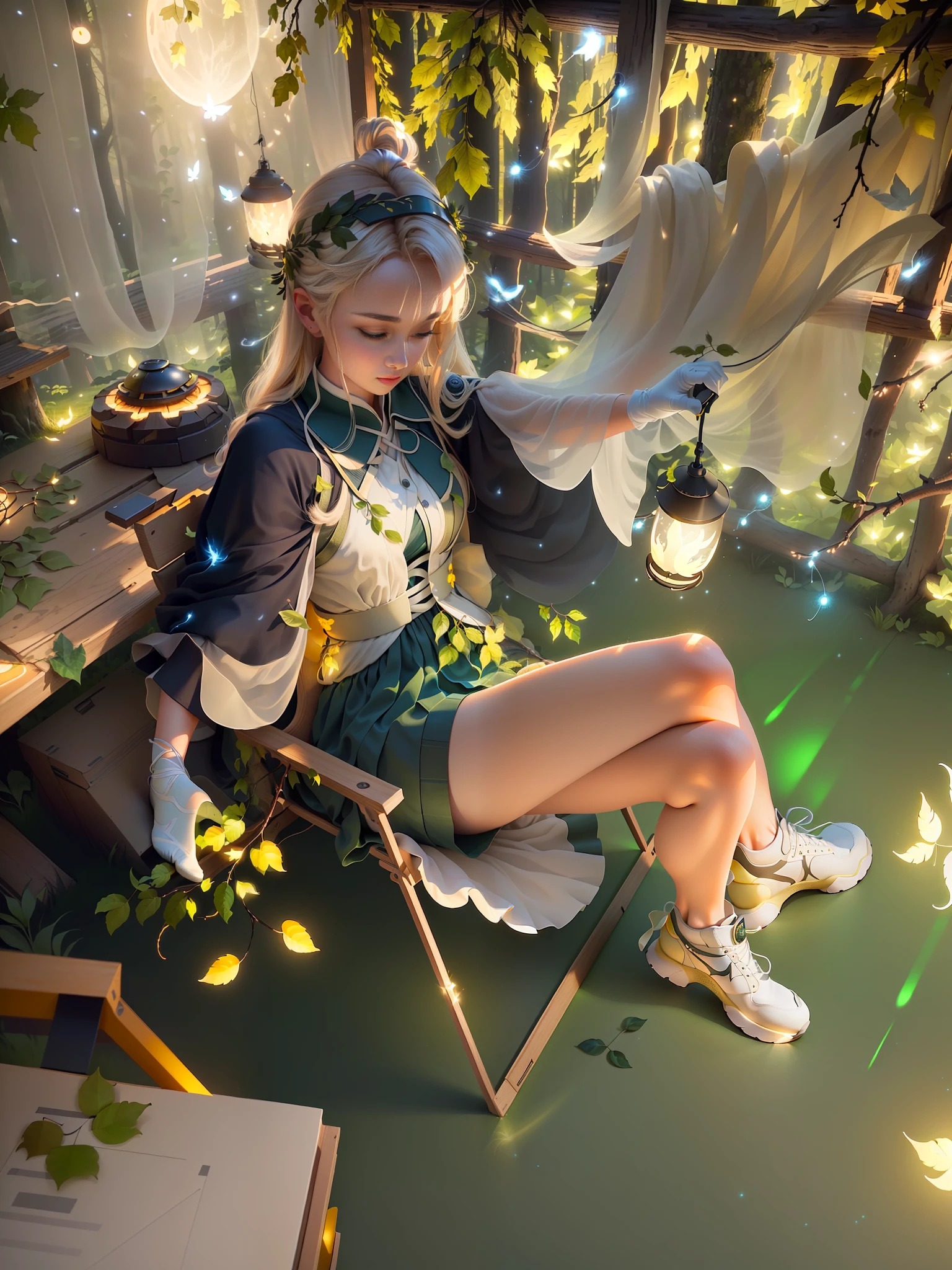 Masterpiece, best quality, (ultra-fine CG unity 8k wallpaper), (best quality), (best shadow), UI interface framework design with natural elements of the forest theme. Surrounded by delicate leaves and branches, there are also fireflies and glowing particle effects, moon, (UI interface box design), white gauze gloves, shoes, hands correct, feet correct, (natural elements), (forest theme), (circle), (leaves), (branches), (fireflies), (glow), (particle effects). , isometric 3d, octane rendering, ray tracing, super detailed