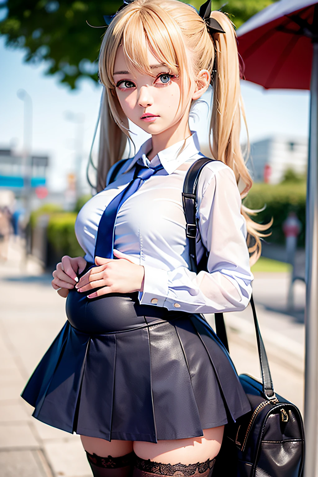 akizuki airi. oni chichi, masterpiece, best quality, super detailed, illustration, flat color, depth of field, 

1 girl, young, anime, standing, bus, full-length, blonde, twintails, sideways, looking at the viewer, red pleated miniskirt, wet white button-down shirt, school uniform, serafuku, blue tie, no bra, black tights, small backpack, detailed leather texture, detailed fabric texture, beautiful detailed face, large breasts, blue eyes, pregnant, tired, torn clothes