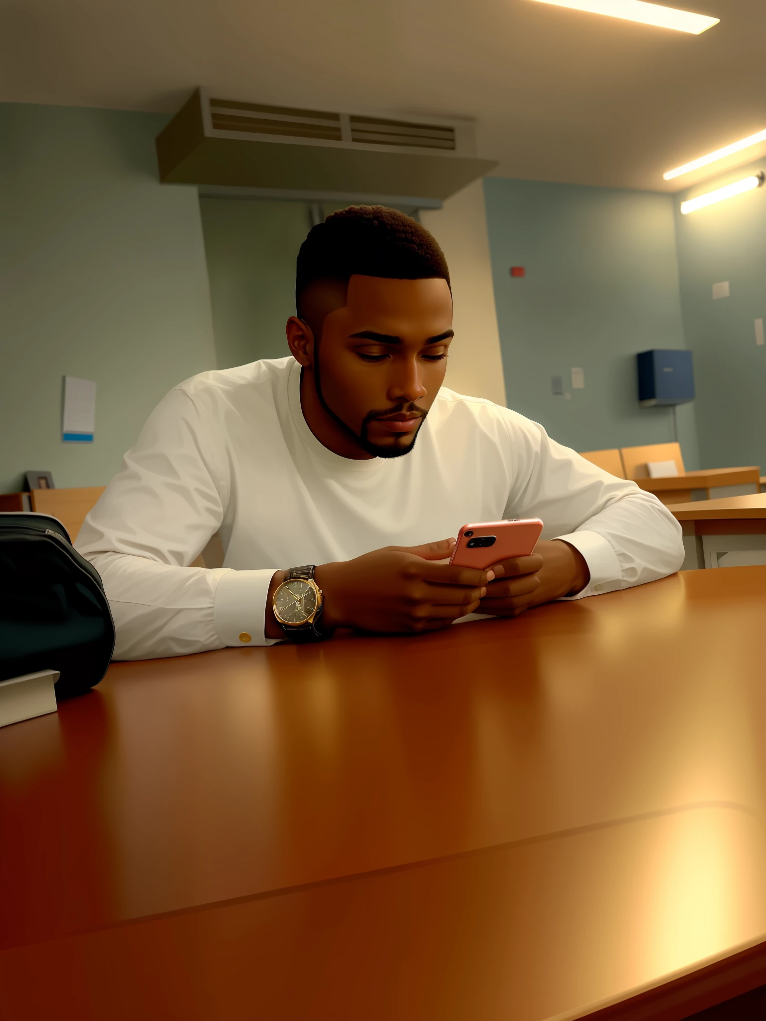 There's a man sitting at a desk looking at his phone, looking at his phone, MKBHD, in the background of thought, #oc, #OC, Ástor Alexander, David Uzochukwu, taken on iPhone 14 Pro, taken on iPhone 1 3 Pro, lost in thought, low quality photo, photo on iPhone, George Pemba, in college, beard totally closed