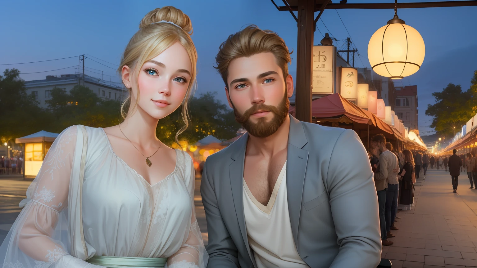 (1 girl), (1 adult man with beard), (masterpiece:1.2, best quality), (blonde girl with green eyes), mature man with brown hair and brown eyes, girl with a bun, happy couple. (correct anatomy), a high resolution, (beautiful detailed faces), (detailed beautiful eyes: 1.2), (anatomically correct hands), (detailed 8k wallpaper, masterpiece, best quality, best shadow), ( detailed background), (depth of field, blurry, bokeh:1.2), (best illumination, an extremely delicate and beautiful), (male and female), semi-realistic, evening dramatic lighting, sunset,anime style drawing, in the background festival, sunset sky