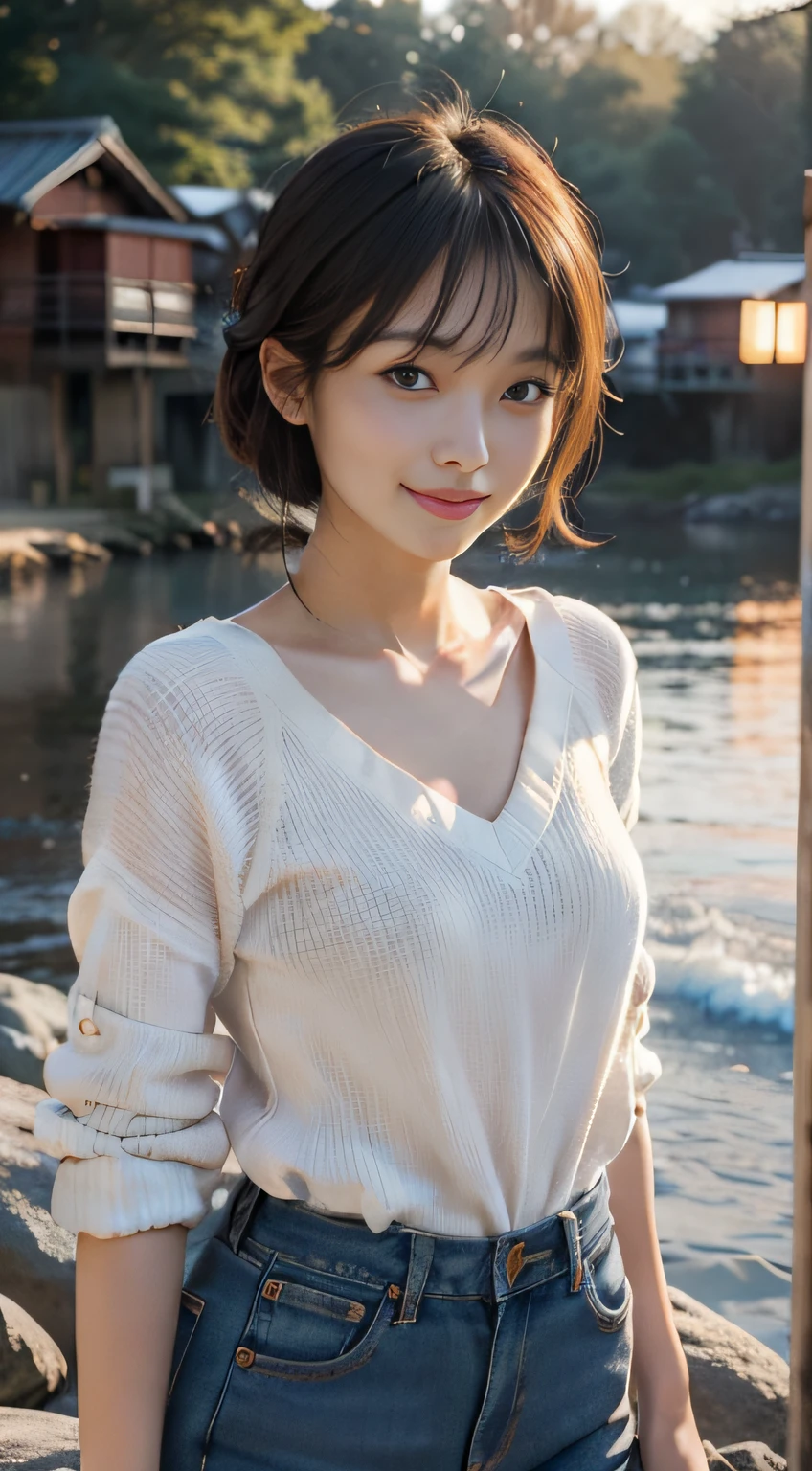 Top quality, masterpiece, ultra high resolution, portrait photography, jeans, small, dynamic fashion pose, (realism: 1.8), original photo, 1girl, Japan people, housewife in her 40s, in the dark, deep shadow, unobtrusive, cold light, full body, sea, sunset, smile,