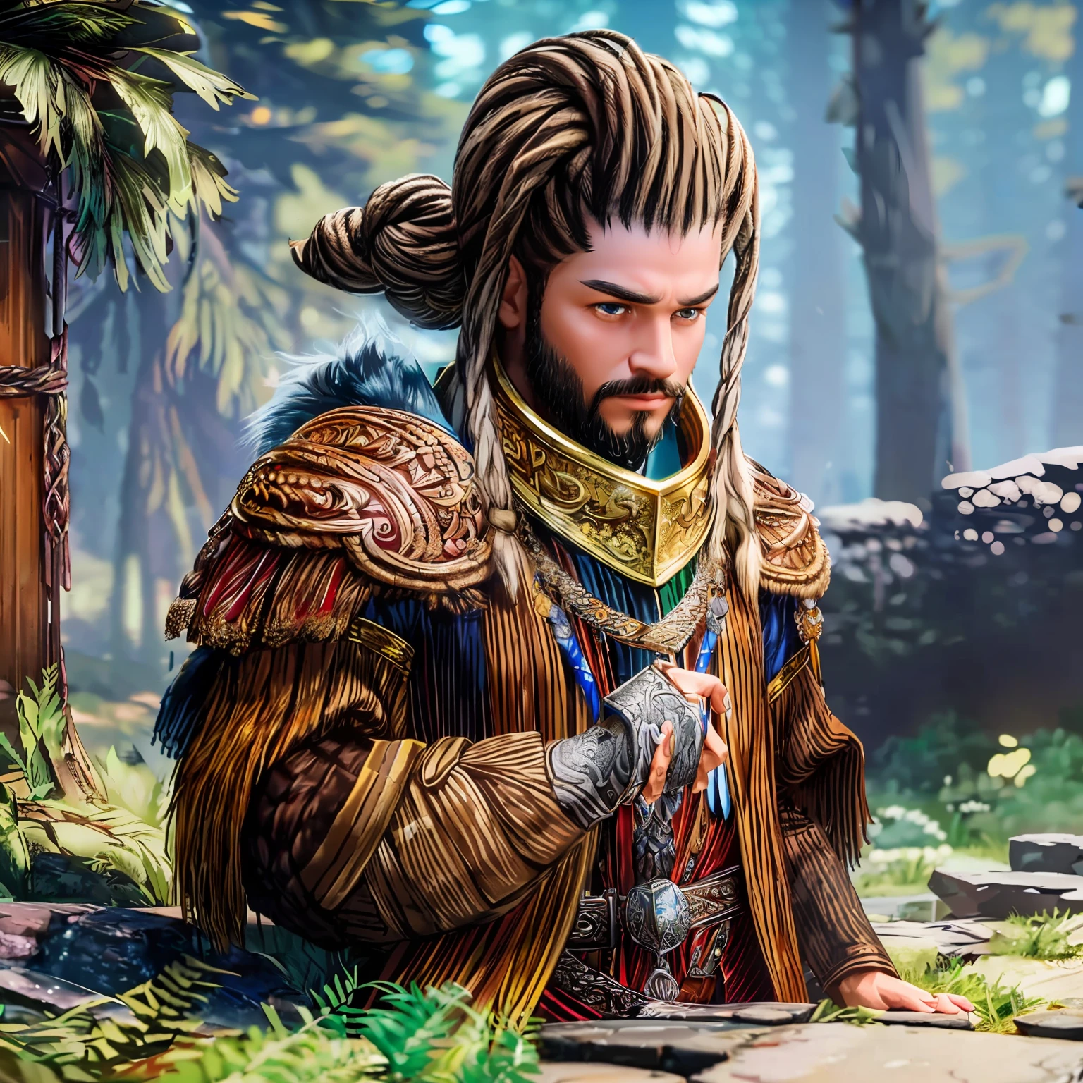 (Masterpiece: 1.4), (Best quality: 1.4), 8K, HD, ultra light, Dwarf, Dwarf, Boy, afro braids in hair, D&D,Drip,with a fur coat, modern clothes, unreal engine, ultra focus, dark environment around, zoom out. , no heterochromia in the eyes , black skin, afro hair, hand holding a hidden wand handle, --auto --s2