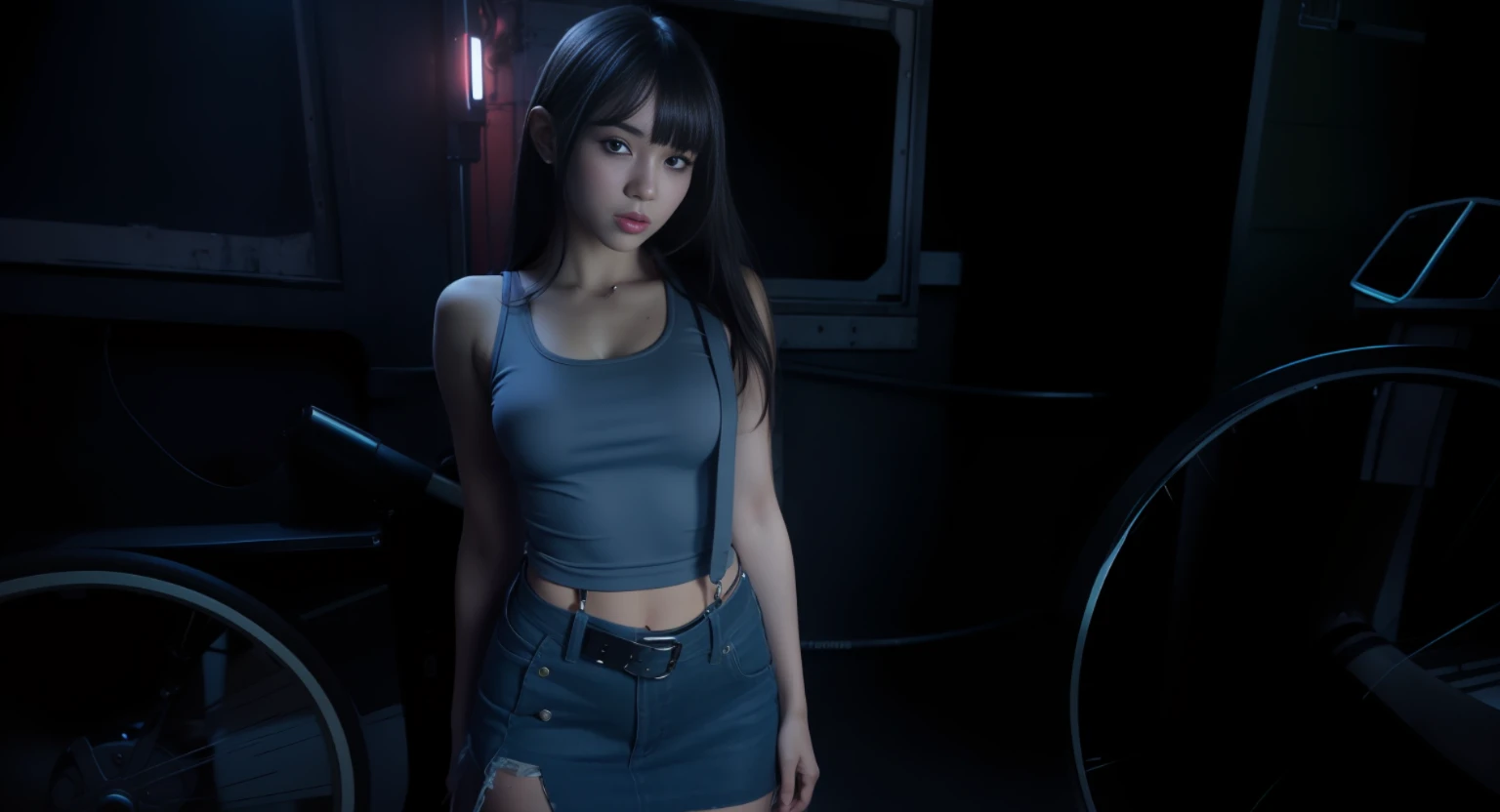 tattered tiny white tank top, braless, (black miniskirt:1.15),(suspenders:1.2),thick leather gloves, solo, woman, (pyoapplev1:1.05), pyoapple, (parted lips,light smile),(shiny skin:1.1),blush, ((bangs)), long hair, clenched fists, put up your dukes, fight pose,skindentation, ((slim skinny body)), (long legs), model figure, best quality, ultra high res, (photorealistic), (detailed face and eyes), industrial slum cyberpunk dystopia background