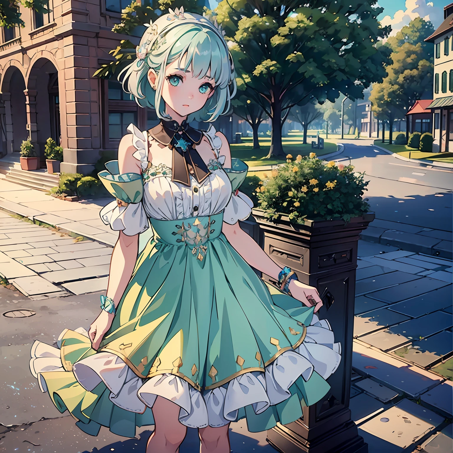 (A pretty girl with short straight blue hair:1.1)0.9], pearly green eyes:1}, (white skin:1.0) (beautiful wheeled dress:1.1) (extremely detailed 8k CG park setting:1.5) (simple soft lighting:0.7)