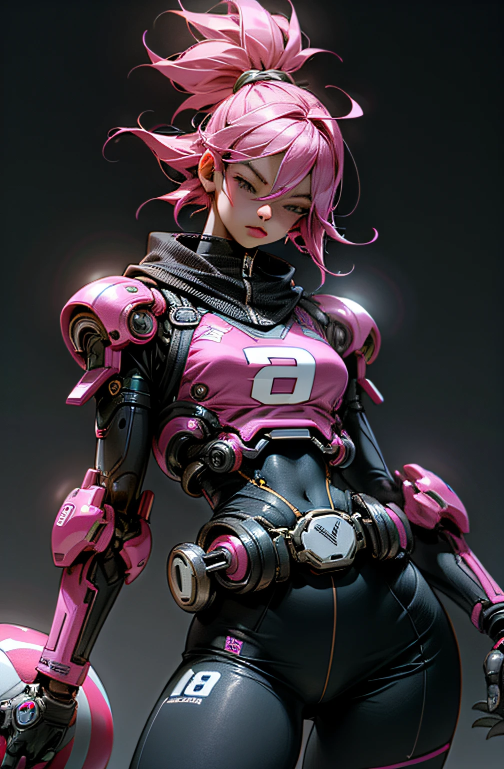 Dark_Fantasy , Cyberpunk, 1manMechanical marvel, sports presence, cybernetic volleyball player, pink and black uniform ,with a volleyball at the waist, absolutely stunning art, wearing a bubblegum pink shorts , art of the highest quality, highest resolution, hyper detailed, with well-defined pink and black details, futuristic, futuristic player, atmospheric, 8k, 64k, HD, incomparable masterpiece, dynamic, cinematic, epic lighting with a volleyball in your right hand