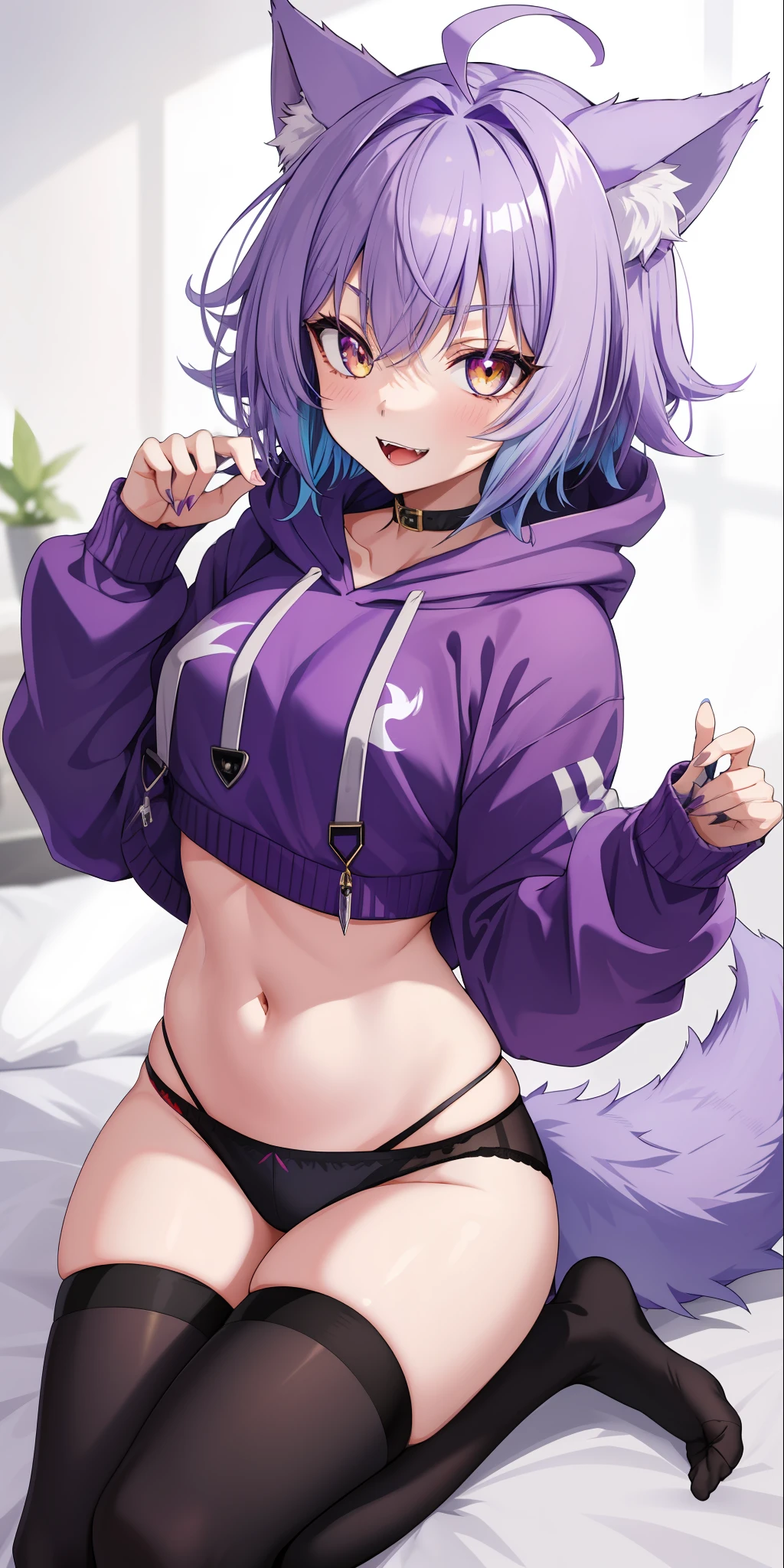 sharp wolf ears, 1girl, gold eyes, purple pearlescent blue hair, short messy hair, wolf tail, vibrant, HD, slim short hoodie, sexy boxers, toned, slim, fangs, purple thigh socks, adult