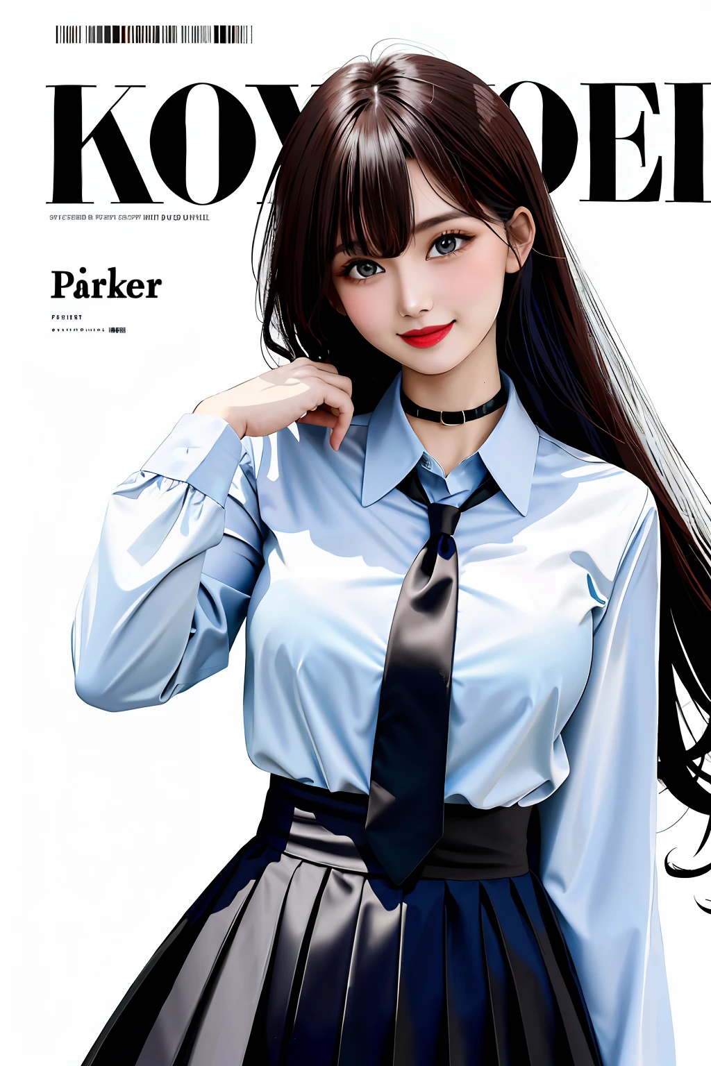 masterpiece, best quality, full body, 1girl, bangs, black choker, black necktie, black hair, blue skirt, blush, bracelet, breasts, choker, clothes around waist, collarbone, collared shirt, cowboy shot, dress shirt, ear piercing, eyebrows visible through hair, gradient hair, grin, gyaru, jewelry, kogal, long hair, looking at viewer, loose necktie, necktie, piercing, plaid, plaid skirt, pleated skirt, red eyes, ring, school uniform, shirt, skirt, smile, solo, white shirt, street, sky, cherry blossoms, petals,illustration, (magazine:1.3), (cover-style:1.3), fashionable, woman, vibrant, outfit, posing, front, colorful, dynamic, background, elements, confident, expression, holding, statement, accessory, majestic, coiled, around, touch, scene, text, cover, bold, attention-grabbing, title, stylish, font, catchy, headline, larger, striking, modern, trendy, focus, fashion,