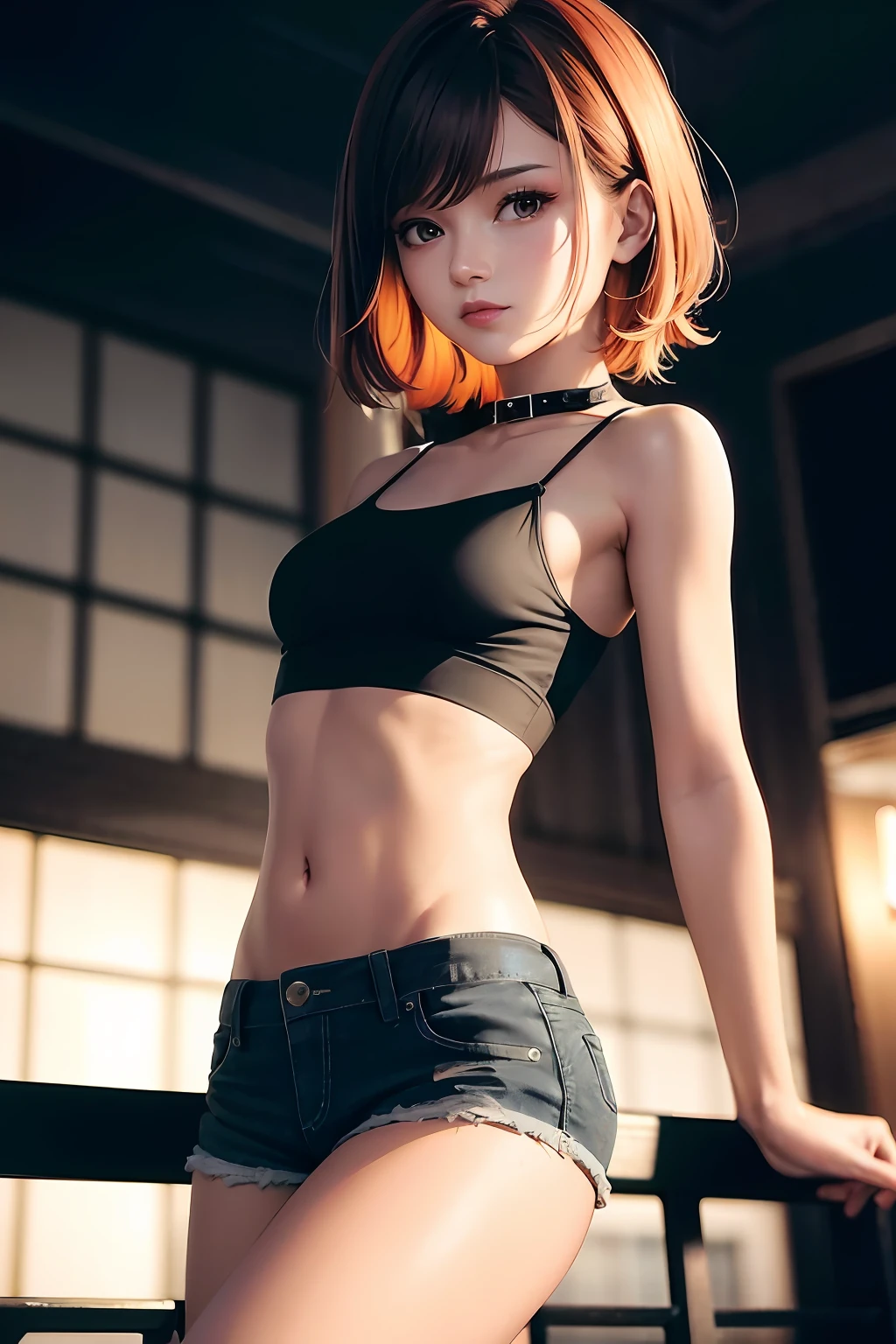 A red-haired woman, 24 years old, medium height, perfect body, small breasts, defined ass, thin and half-hearted face, whole body, brown eyes, glued and provocative clothing, holding a katana sword in her direct hand, staring at the screen person, high deifinicao. High quality, realistic, high details, maximum quality, 3;2,