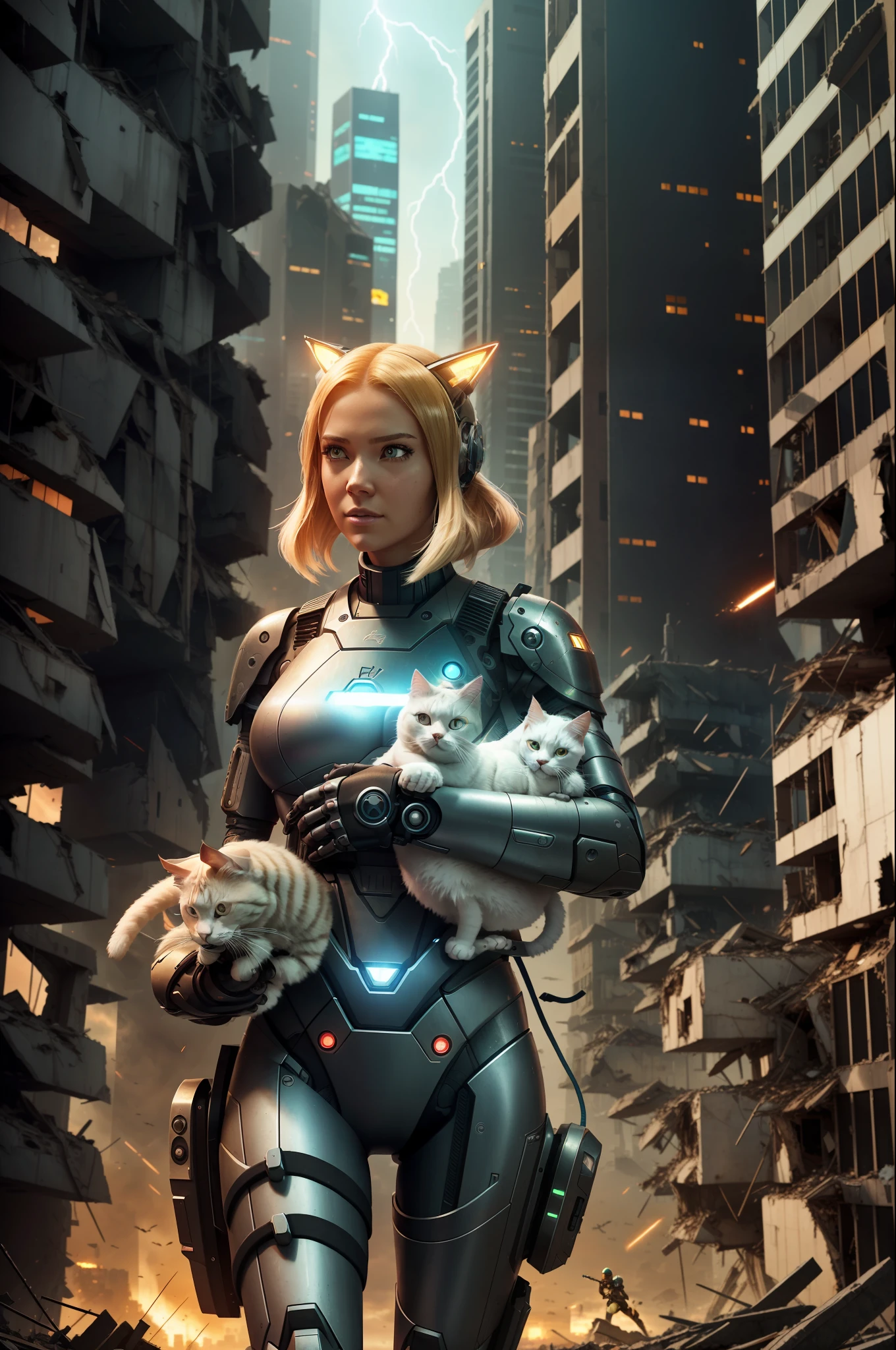 The cyborg girl who has Machine arms, walking while holding her cat, ((cat)),(holding cat)), walks among the rubble of skyscrapers destroyed by future wars, post-apocalypse atmosphere, sci_fi, golden hour, cinematic lightning, 8k, hyper-realistic style,
