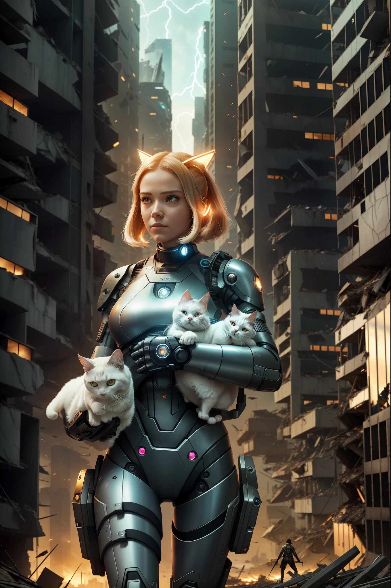 The cyborg girl who has Machine arms, walking while holding her cat, ((cat)),(holding cat)), walks among the rubble of skyscrapers destroyed by future wars, post-apocalypse atmosphere, sci_fi, golden hour, cinematic lightning, 8k, hyper-realistic style,