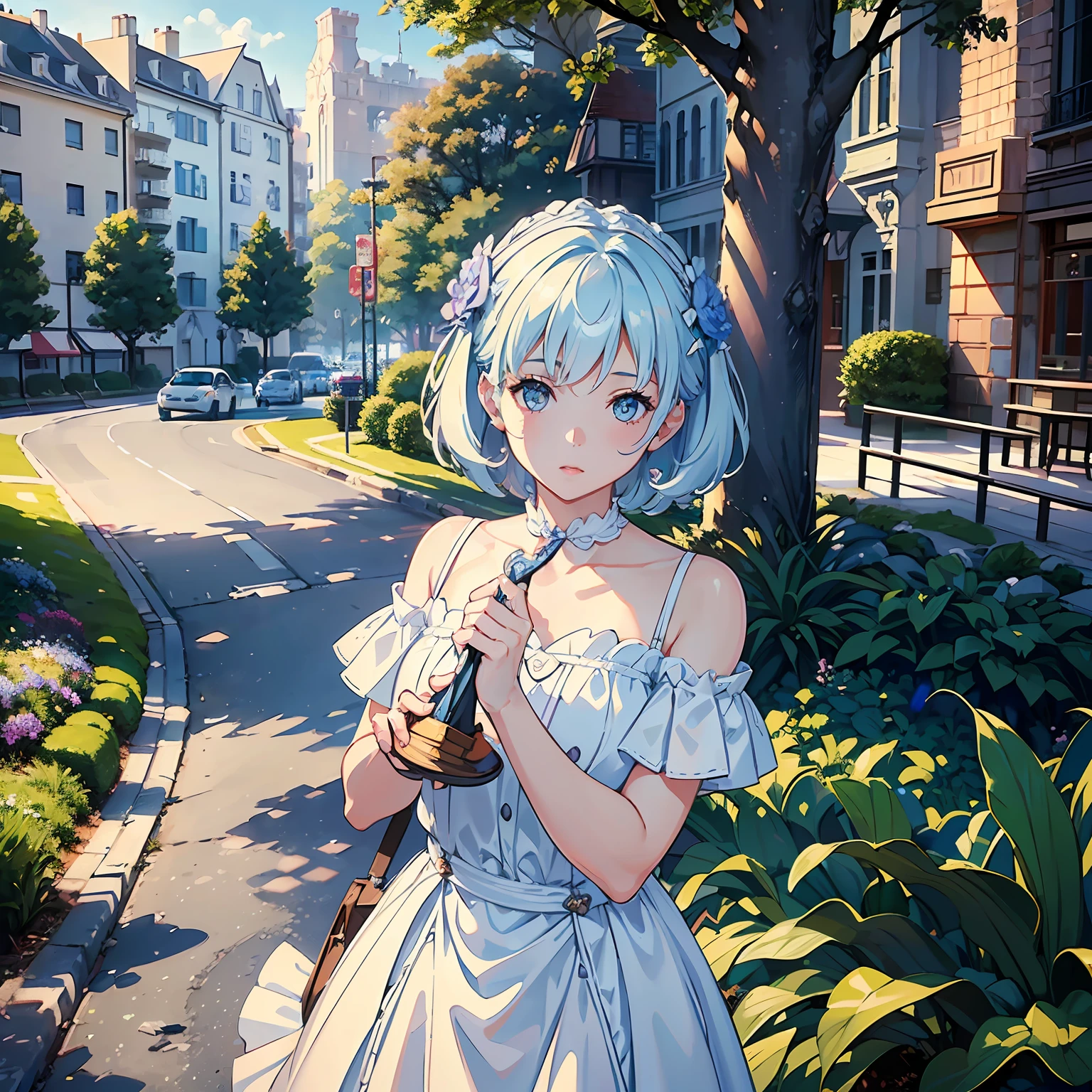 (A pretty girl with short straight hair of baby blue color, portrait format:1.1)0.9], {lilac colored eyes:1.1}, (white skin:1.0) (beautiful wheeled dress:1.1) (extremely detailed 8k CG park setting:1.5) (simple soft lighting:0.7)
