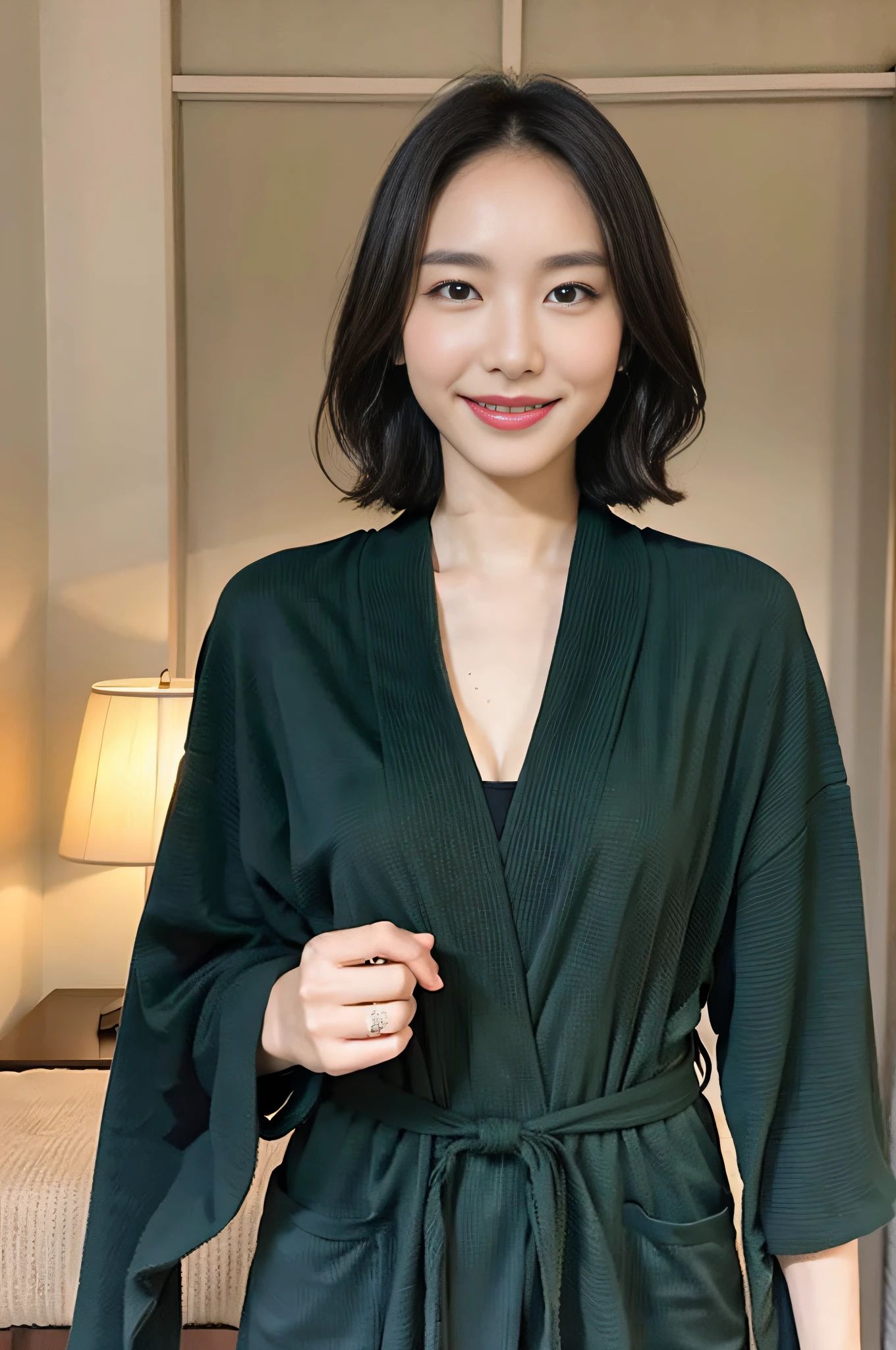 ((Top Quality, 16k, Masterpiece: 1.3)), ((1 Slender Beauty)), C Cup Breasts: 1.1, Slender Abs: 1.1, (Ultra Detailed Face, Highly Detailed Lips, Detailed Eyes, Double Eyelids), Black Medium Straight Hair, Detailed Focus: 1.1, (Background Room), Dark Green Towel Bathrobe: 1.2, Pick Up Pose, Full Body, Light Smile