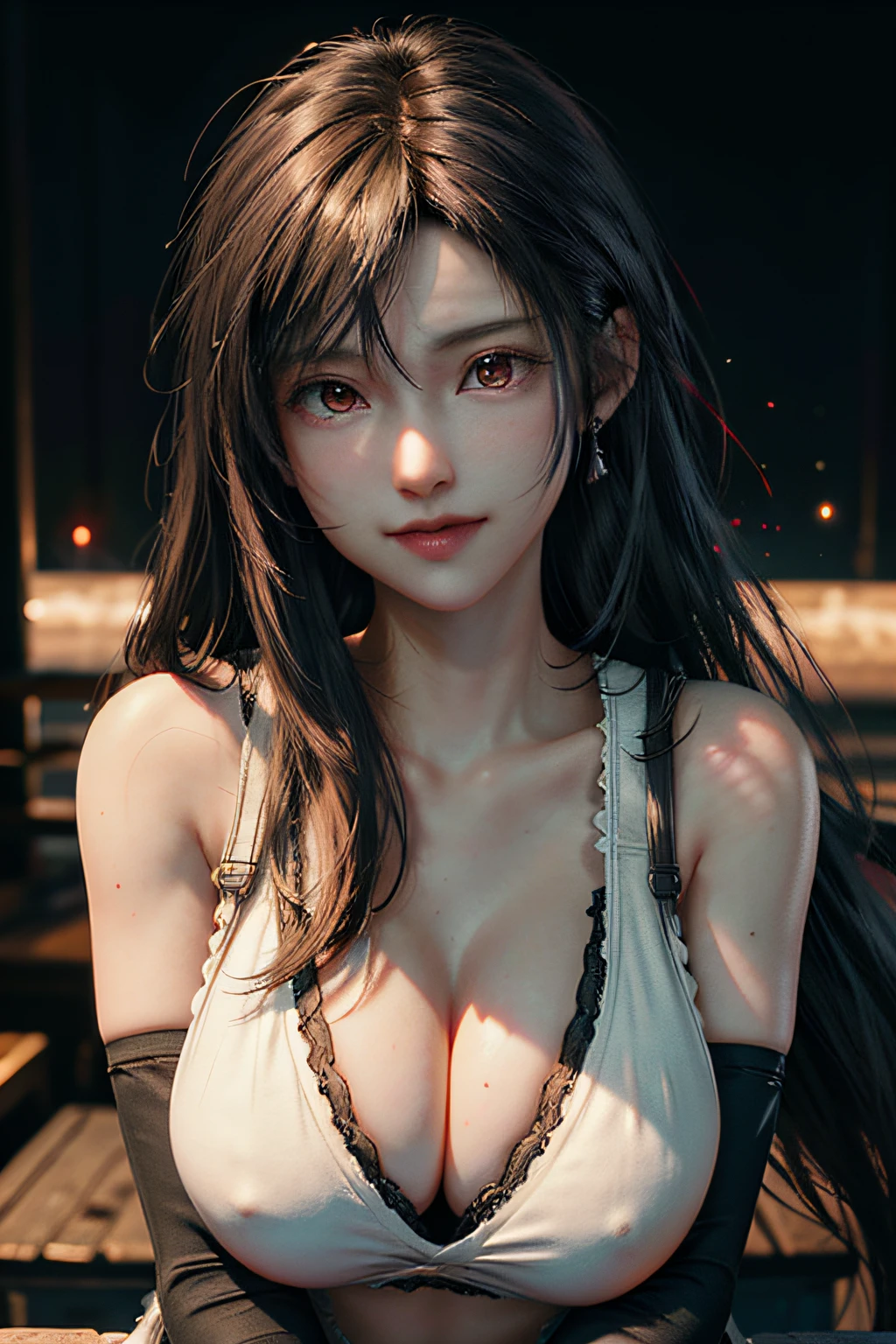 masterpiece, ultra realistic 8k cg, top quality, best quality, extreme detailed, highest detailed, (((1girl))), tifa, final fantasy 7 remake, smile, happy, (red eyes), curvy, ((gigantic breasts, cleavage)), very long hair, beautiful face