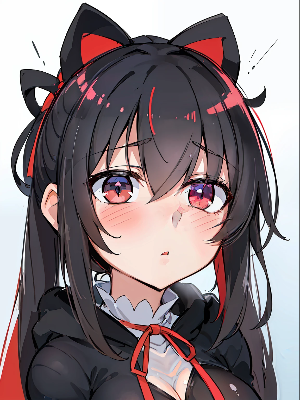 (best image quality, best girl), (one girl), (girl in a ponytail wearing a red ribbon hair ornament)), red ribbon shaped hair ornament, (hair color dark brown), matching bangs, ahoge, vermilion at the corners of the eyes, (((black eyes)), ((drooping eyes)), parted lips, expressionless, confident, satisfaction, intimacy, looking at the camera, (((big breasts)), ((full body)), white hoodie, transparent costume, hooded, unbuttoned, crystal clear, rain, black tights, naked, umbrella