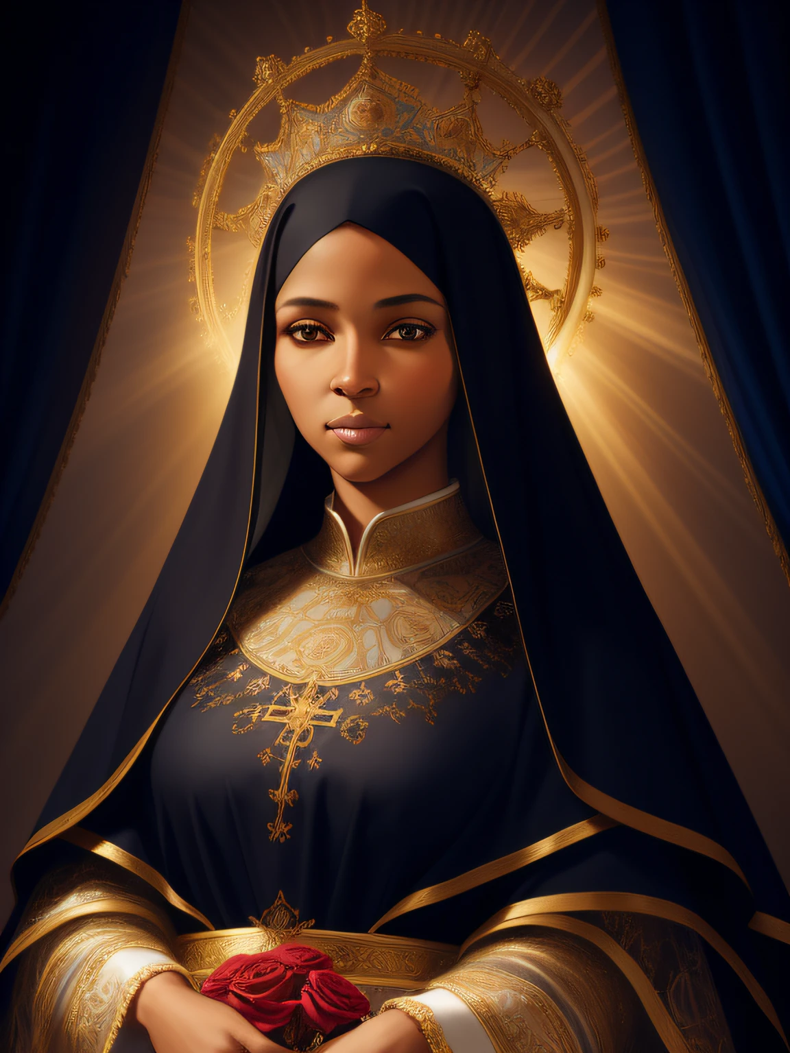 highly detailed portrait of the Virgin Queen Mary, ((maternal and sweet look)), (black woman), with roses in the heart, (Mother of Jesus Christ) halo of light, ((nun style veil)), unreal engine, art by Mark Ryden, Count Norem, global lighting, divine rays, detailed and intricate environment, navy blue colored robe, bust style portrait, roses decorating portrait