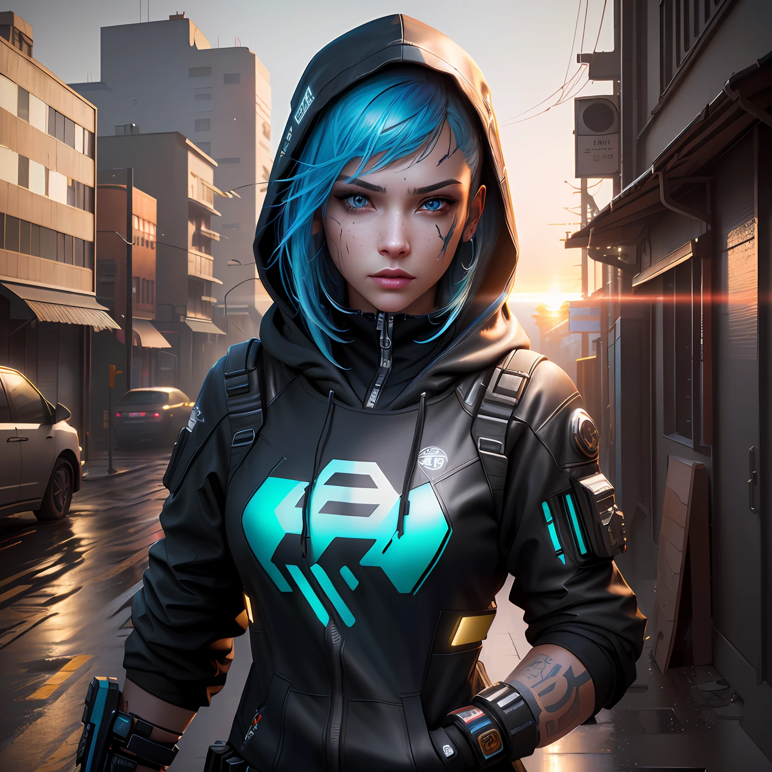 ((best quality)), ((masterpiece)), ((realistic)), (detailed), (1 girl) women, hood, arm tattoo, portrait, asymmetrical bangs, bandaid, short hair, bangs, breasts, freckles, blue eyes, large breasts, looking at the viewer, neck tattoo, nose piercing, cyan hair, soil, face tattoo, upper body, detailed background, city, alley, dark alley, portrait, hood, head, night, angry, close up, closed mouth, ((masterpiece)), absurd, wet skin, dynamic view, fair skin, , (detailed face), sunset, sweaty, dirt, post-apocalyptic, long hair, cyberpunk, (modelshoot style), nsfw, catastanna20, render 3d, beautiful, rendered in redshift, render 3d stylized, cyberpunk, sci-fi character rendering, sci-fi character, stylized as a 3d render, quality 8k, unreal engine 5, nvidia dlss, ((Best Quality)), ((masterpiece)), (detailed: 1.4), 3D, cyberpunk, HDR (High Dynamic Range),Ray Tracing, NVIDIA RTX, Super-Resolution, Unreal 5, Subsurface Dispersion, PBR Texture, Post-processing, Anisotropic filtering, Depth of field, Maximum clarity and sharpness, realistic details, without duplicating parts of the character, attention to small details.
