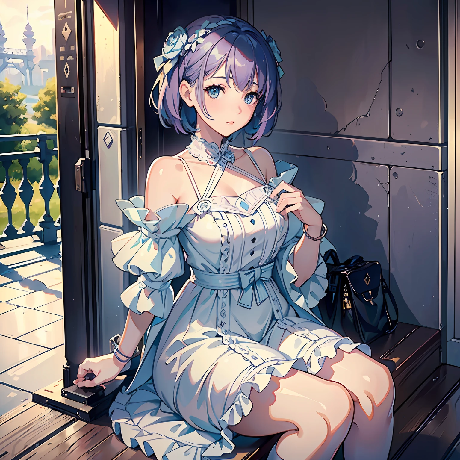 (A pretty girl with short straight hair of baby blue color, portrait format:1.1)0.9], {lilac colored eyes:1.1}, (white skin:1.0) (beautiful wheeled dress:1.1) (extremely detailed 8k CG park setting:1.5) (simple soft lighting:0.7)