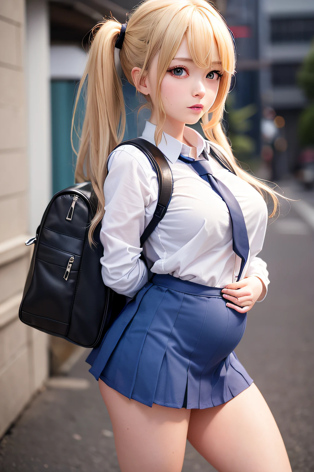 akizuki airi. oni chichi, masterpiece, best quality, super detailed, illustration, flat color, depth of field,
1 girl, young, anime, standing, street, full-length, blonde, twintails, sideways, looking at the viewer, red pleated miniskirt, wet white button-down shirt, school uniform, serafuku, blue tie, no bra, black tights, small backpack, detailed skin texture, detailed fabric texture, beautiful detailed face, big breasts, blue eyes, pregnant, tired, air kiss