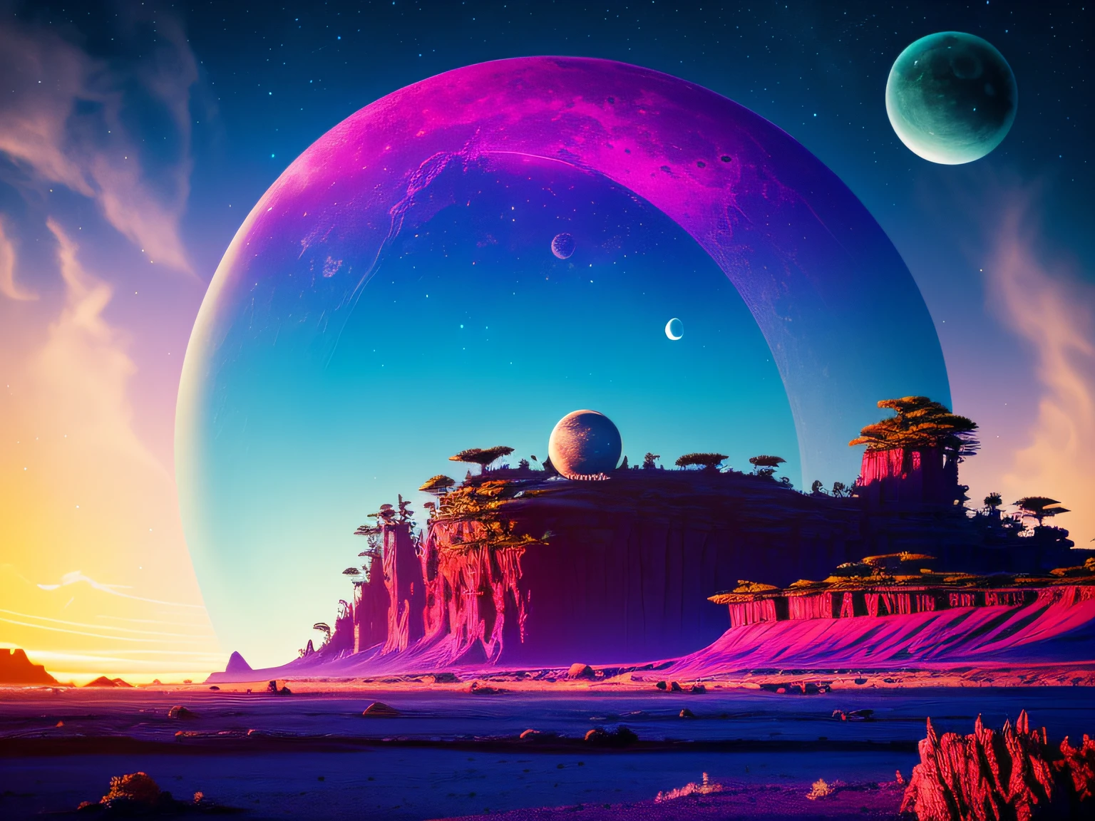 A lush alien landscape on a ringed planet with a moon in the sky, vivid colorful clouds, strange, sci-fi, ray tracing, detailed reflections, Intricate, High Detail, dramatic, best quality masterpiece, photorealistic, detailed, 8k, HDR, backlighting, bloom, light sparkles, chromatic aberration, sharp focus