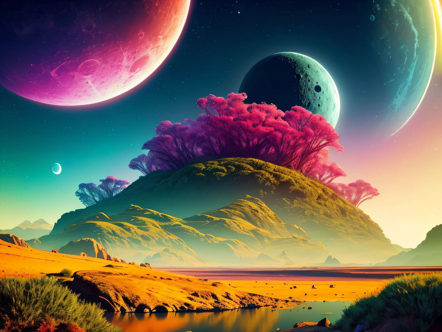 A lush alien landscape on a ringed planet with a moon in the sky, vivid colorful clouds, strange, sci-fi, ray tracing, detailed reflections, Intricate, High Detail, dramatic, best quality masterpiece, photorealistic, detailed, 8k, HDR, backlighting, bloom, light sparkles, chromatic aberration, sharp focus