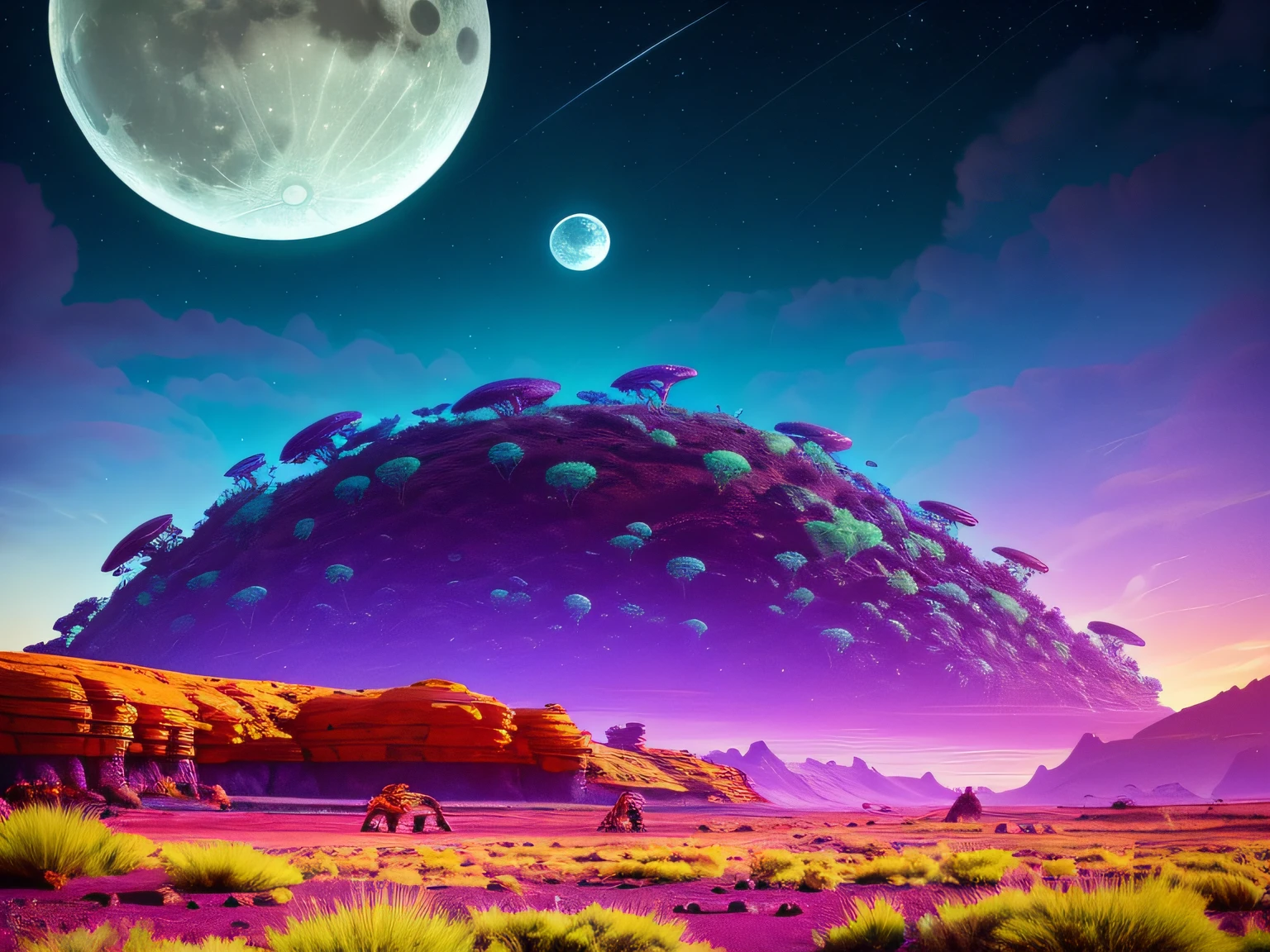 A lush alien landscape on a ringed planet with a moon in the sky, vivid colorful clouds, strange, sci-fi, ray tracing, detailed reflections, Intricate, High Detail, dramatic, best quality masterpiece, photorealistic, detailed, 8k, HDR, backlighting, bloom, light sparkles, chromatic aberration, sharp focus