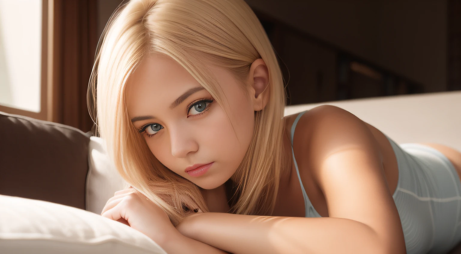 18-year-old girl, propped up on the couch with her hands, wearing underwear, full body, loose blonde hair, big eyes, sexy look, cinematic light, window lighting