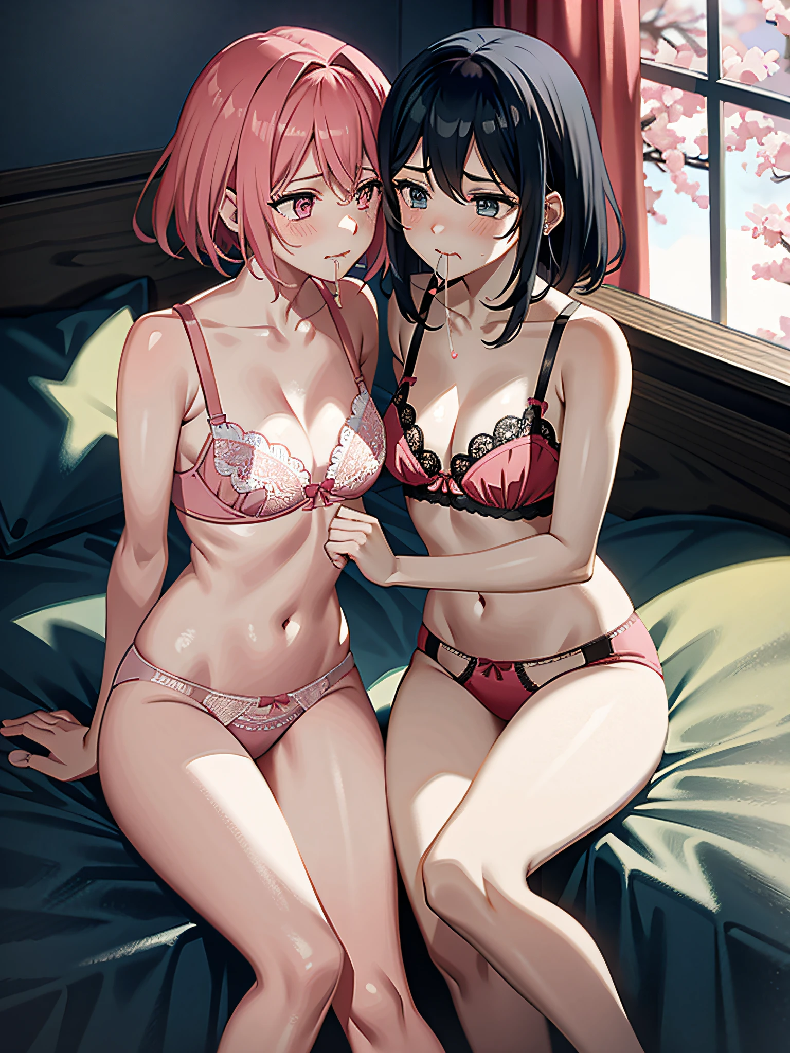 2 women, putting the on each other's face, sucking on panties, pink panties, mouth on panties, pink bras, on bed, blushing, on a bed