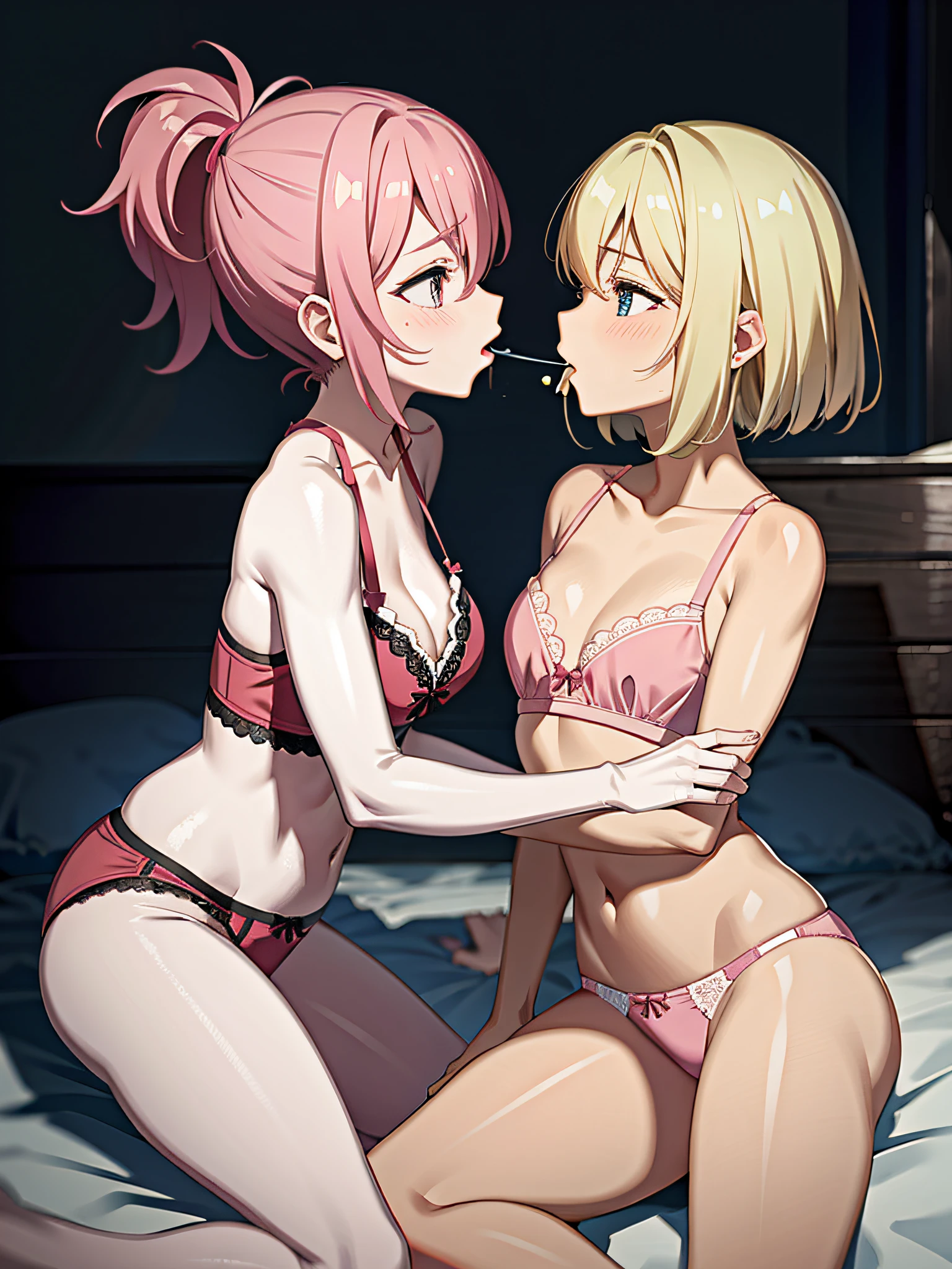 2 women, putting the on each other's face, sucking on panties, pink panties, mouth on panties, pink bras, on bed, blushing, on a bed