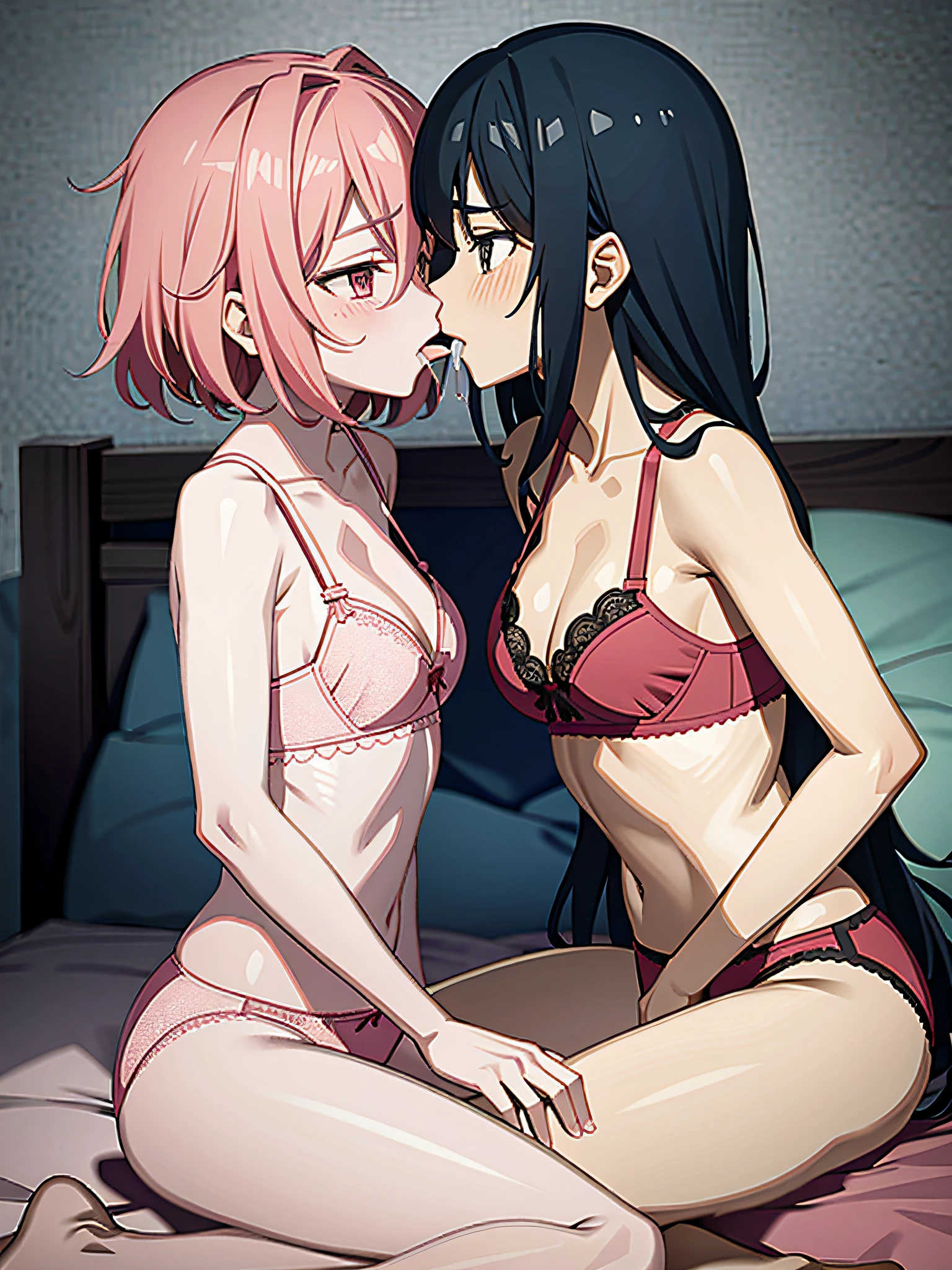 2 women, sitting on the face, putting the on the face of the other, sucking the panties, pink panties, mouth on the panties, pink Bras, on the bed, blushing, on a bed