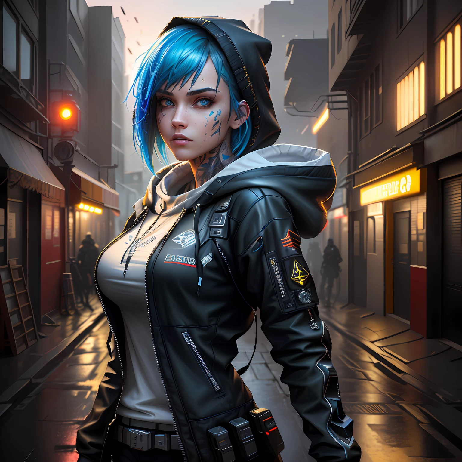 ((best quality)), ((masterpiece)), ((realistic)), (detailed), (1 girl) women, hood, arm tattoo, portrait, asymmetrical bangs, bandaid, short hair, bangs, breasts, freckles, blue eyes, large breasts, looking at the viewer, neck tattoo, nose piercing, cyan hair, soil, face tattoo, upper body, detailed background, city, alley, dark alley, portrait, hood, head, night, angry, close up, closed mouth, ((masterpiece)), absurd, wet skin, dynamic view, fair skin, , (detailed face), sunset, sweaty, dirt, post-apocalyptic, long hair, cyberpunk, (modelshoot style), nsfw, catastanna20, render 3d, beautiful, rendered in redshift, render 3d stylized, cyberpunk, sci-fi character rendering, sci-fi character, stylized as a 3d render, quality 8k, unreal engine 5, nvidia dlss, ((Best Quality)), ((masterpiece)), (detailed: 1.4), 3D, cyberpunk, HDR (High Dynamic Range),Ray Tracing, NVIDIA RTX, Super-Resolution, Unreal 5, Subsurface Dispersion, PBR Texture, Post-processing, Anisotropic filtering, Depth of field, Maximum clarity and sharpness, realistic details, without duplicating parts of the character, attention to small details.