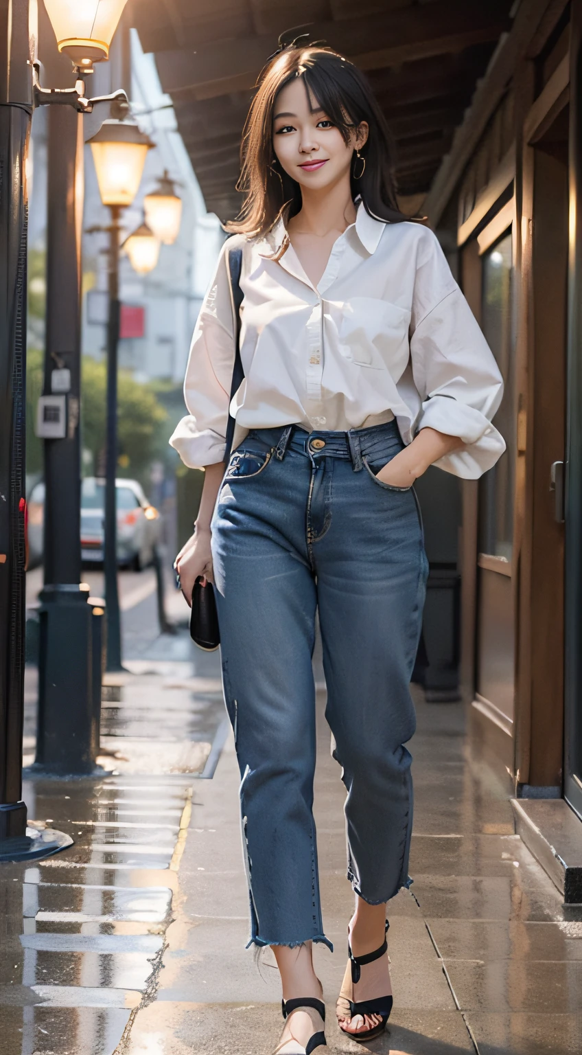 Top quality, masterpiece, ultra high resolution, portrait photography, jeans, small, dynamic fashion pose, (realism: 1.8), original photo, 1girl, Japan people, housewife in her 40s, in the dark, deep shadow, unobtrusive, cold light, full body, sea, sunset, smile,
