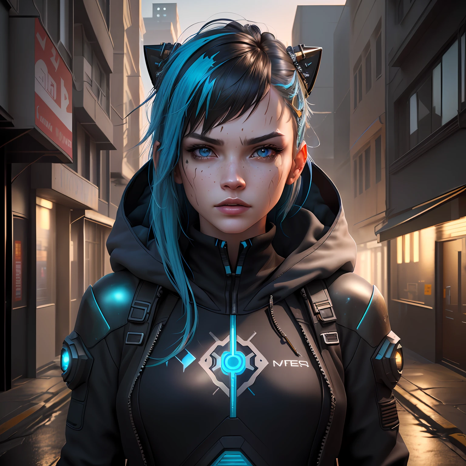 ((best quality)), ((masterpiece)), ((realistic)), (detailed), (1 girl) women, hood, arm tattoo, portrait, asymmetrical bangs, bandaid, short hair, bangs, breasts, freckles, blue eyes, large breasts, looking at the viewer, neck tattoo, nose piercing, cyan hair, soil, face tattoo, upper body, detailed background, city, alley, dark alley, portrait, hood, head, night,  angry, close up, closed mouth, ((masterpiece)), absurd, wet skin, dynamic view, fair skin, , (detailed face), sunset, sweaty, dirt, post-apocalyptic, long hair, cyberpunk, (modelshoot style), nsfw, catastanna20, render 3d, beautiful, rendered in redshift, render 3d stylized, cyberpunk, sci-fi character rendering, sci-fi character, stylized as a 3d render, quality 8k, unreal engine 5, nvidia dlss,  ((Best Quality)), ((masterpiece)), (detailed: 1.4), 3D, cyberpunk, HDR (High Dynamic Range),Ray Tracing, NVIDIA RTX, Super-Resolution, Unreal 5, Subsurface Dispersion, PBR Texture, Post-processing, Anisotropic filtering, Depth of field, Maximum clarity and sharpness, realistic details, without duplicating parts of the character, attention to small details.