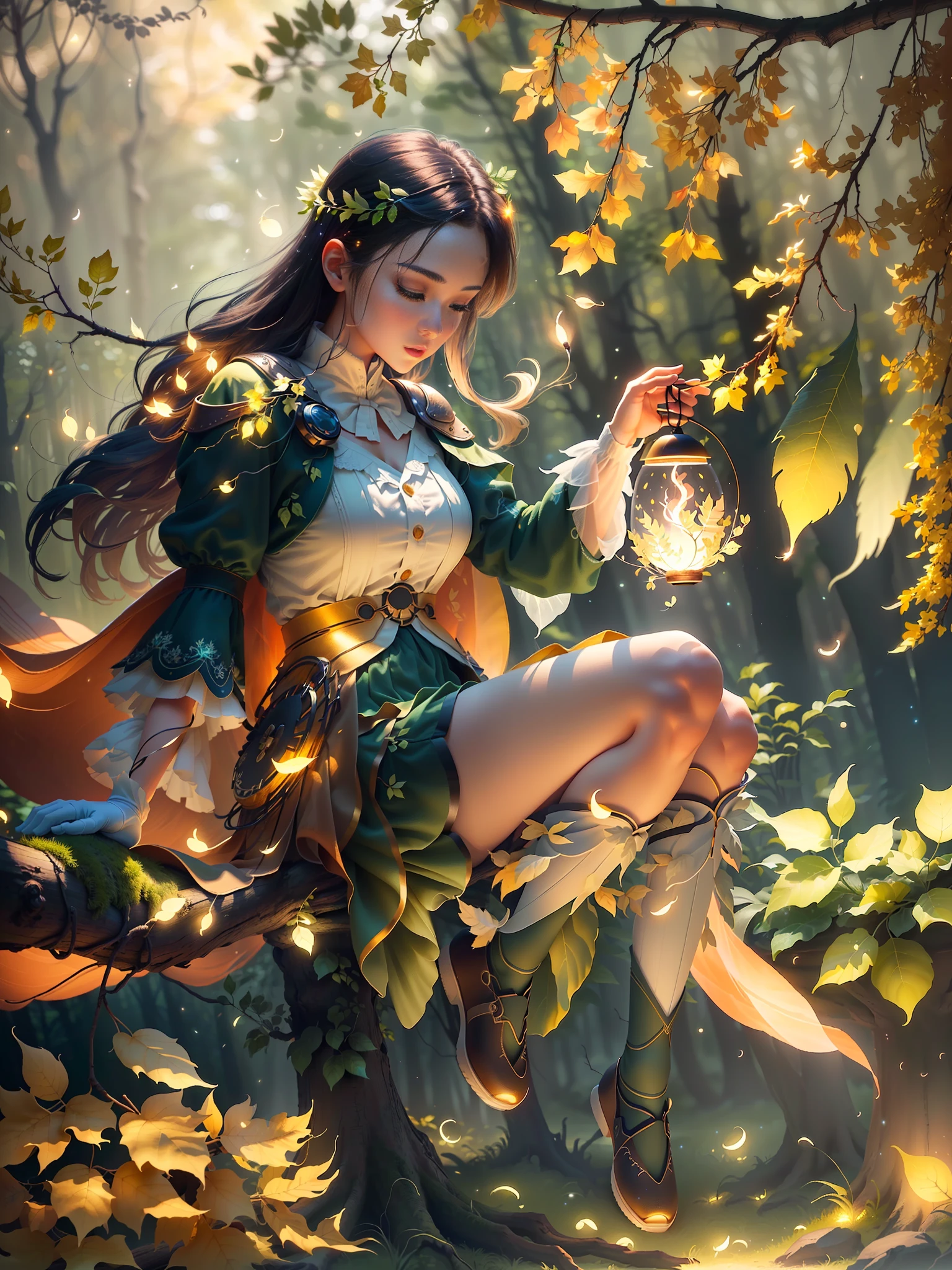 Masterpiece, best quality, (ultra-fine CG unity 8k wallpaper), (best quality), (best shadow), UI interface framework design with natural elements of the forest theme. Surrounded by delicate leaves and branches, there are also fireflies and glowing particle effects, moon, (UI interface box design), white gauze gloves, shoes, hands correct, feet correct, (natural elements), (forest theme), (circle), (leaves), (branches), (fireflies), (glow), (particle effects). , isometric 3d, octane rendering, ray tracing, super detailed