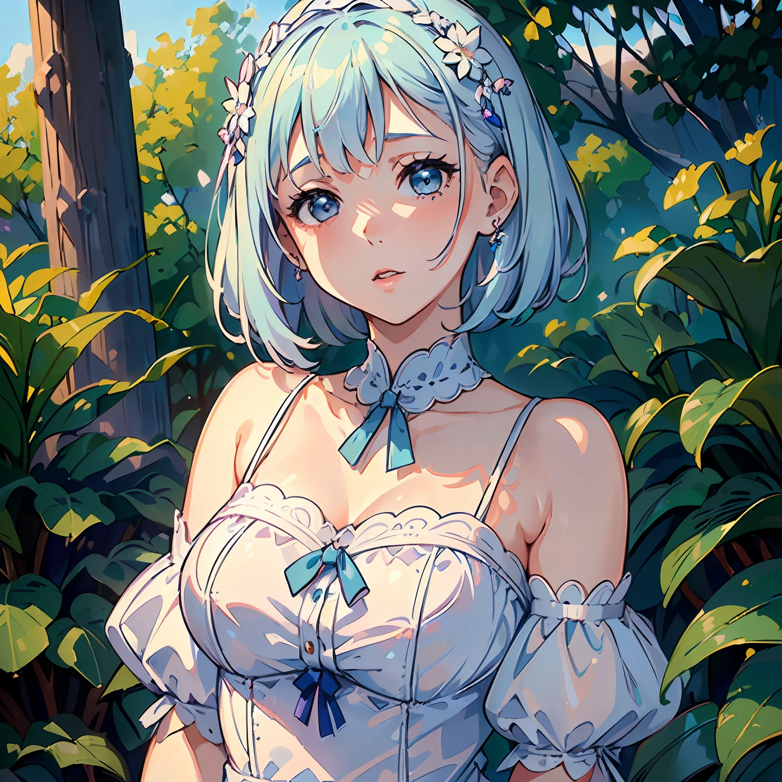 (A pretty girl with short straight hair of blue color, portrait format:1.4), lilac colored eyes, (white skin:1.0) (beautiful round dress:1.1) (extremely detailed 8k CG park setting:1.5) (simple soft lighting:0.7)