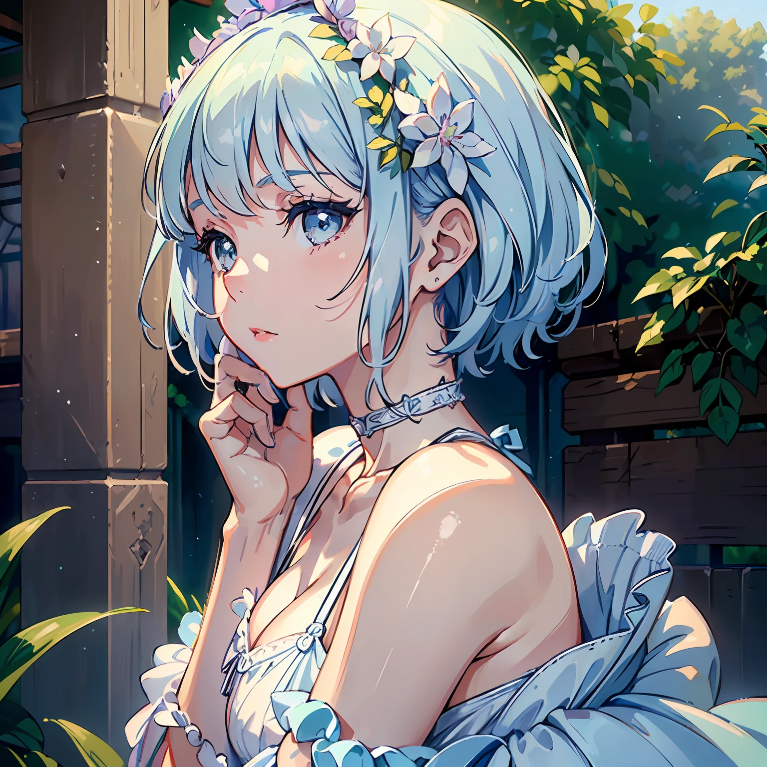 (A pretty girl with short straight hair of baby blue color, portrait format:1.4), lilac colored eyes, (white skin:1.0) (beautiful round dress:1.1) (extremely detailed 8k CG park setting:1.5) (simple soft lighting:0.7)