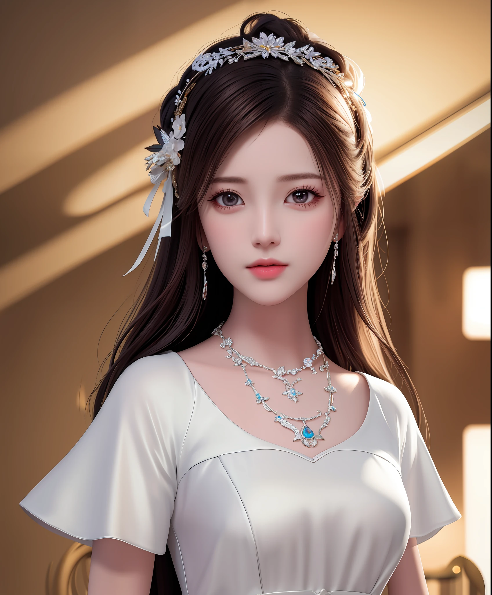 Best quality, masterpiece, high resolution, 1girl, porcelain dress, hair accessories, necklace, jewelry, beautiful face, on the body, Tyndall effect, realistic, dark studio, edge lighting, two-tone lighting, (high detail skin: 1.2), 8k UHD, dslr, soft light, high quality, volumetric light, candid, photo, high resolution, 4k, 8k, background blur,