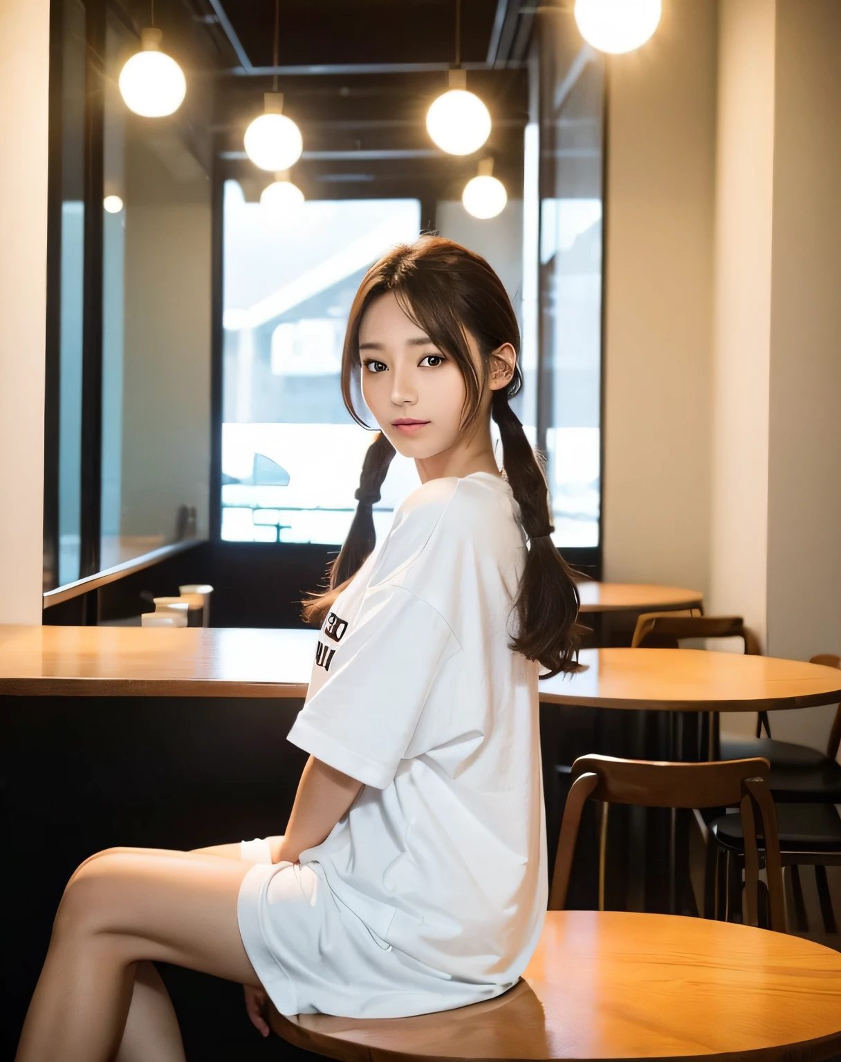 ((Top Quality, 8K, Masterpiece: 1.3)), Focus: 1.2, Instagram, Bright Lighting, T-shirt, Oversized T-Shirt, Graphic T-Shirt, Logo Design T-Shirt, Heavyweight T-Shirt, (in a café), Fashionable café, highly detailed face and skin texture, delicate eyes, double eyelids, whitening skin, (round face: 1.5), short hair, Short twin tails, idle