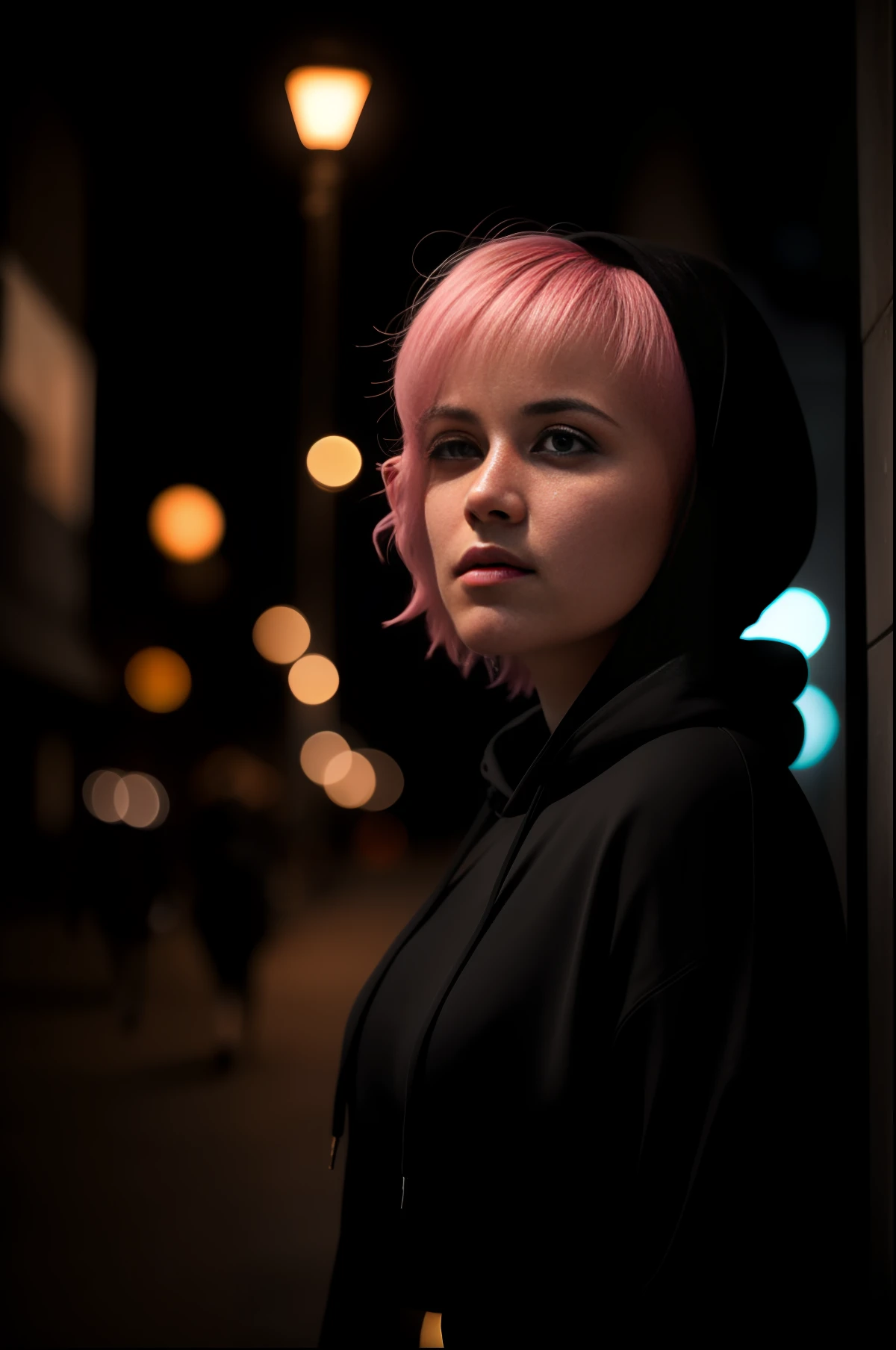 closeup photo of a woman wearing a black hoodie, short pink hair, standing on the bustling street at night, street lamps, 4k textures, soft cinematic light, adobe lightroom, photolab, hdr, intricate, highly detailed, ray traced, photorealistic, fine details, subsurface scattering, key light, backlight, sharp focus, soothing tones, low contrast, exposure blend