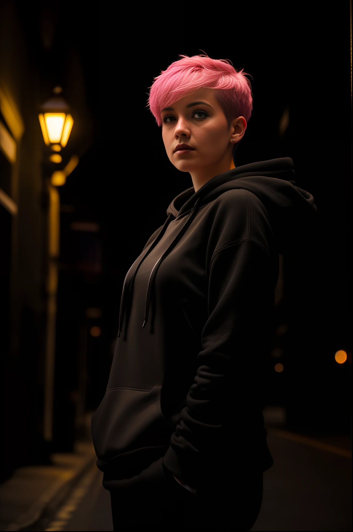 closeup photo of a woman wearing a black hoodie, short pink hair, standing on the bustling street at night, street lamps, 4k textures, soft cinematic light, adobe lightroom, photolab, hdr, intricate, highly detailed, ray traced, photorealistic, fine details, subsurface scattering, key light, backlight, sharp focus, soothing tones, low contrast, exposure blend