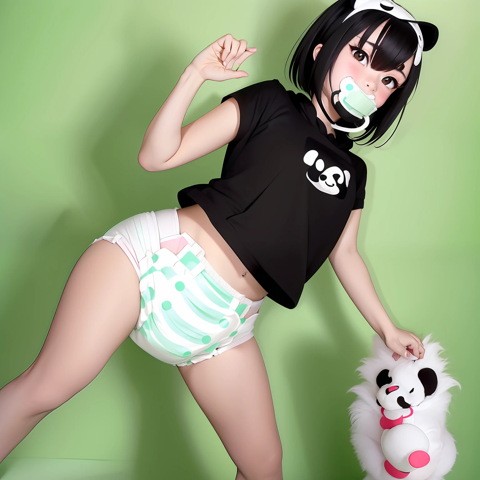 (aesthetic, high quality, ultra detailed CG), a blushing Asian girl, cute, short black hair, big cute eyes, "black and white panda theme hoodie", wearing a diaper, Pacifier in mouth, black thigh high socks and tennis shoes, a full body portrait, standing up pose, casual dynamic pose, high key lighting, pastel colors, anime-style, light green bright background.