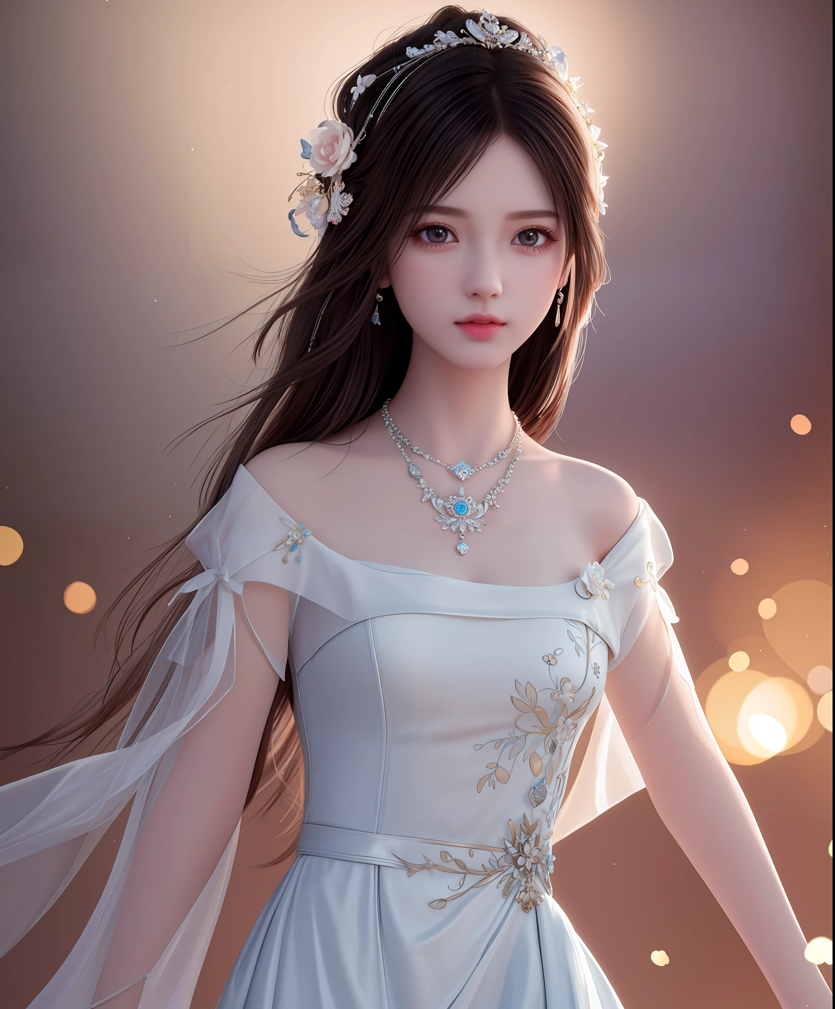 Best quality, masterpiece, high resolution, 1girl, porcelain dress, hair accessories, necklace, jewelry, beautiful face, on the body, Tyndall effect, realistic, dark studio, edge lighting, two-tone lighting, (high detail skin: 1.2), 8k UHD, dslr, soft light, high quality, volumetric light, candid, photo, high resolution, 4k, 8k, background blur,