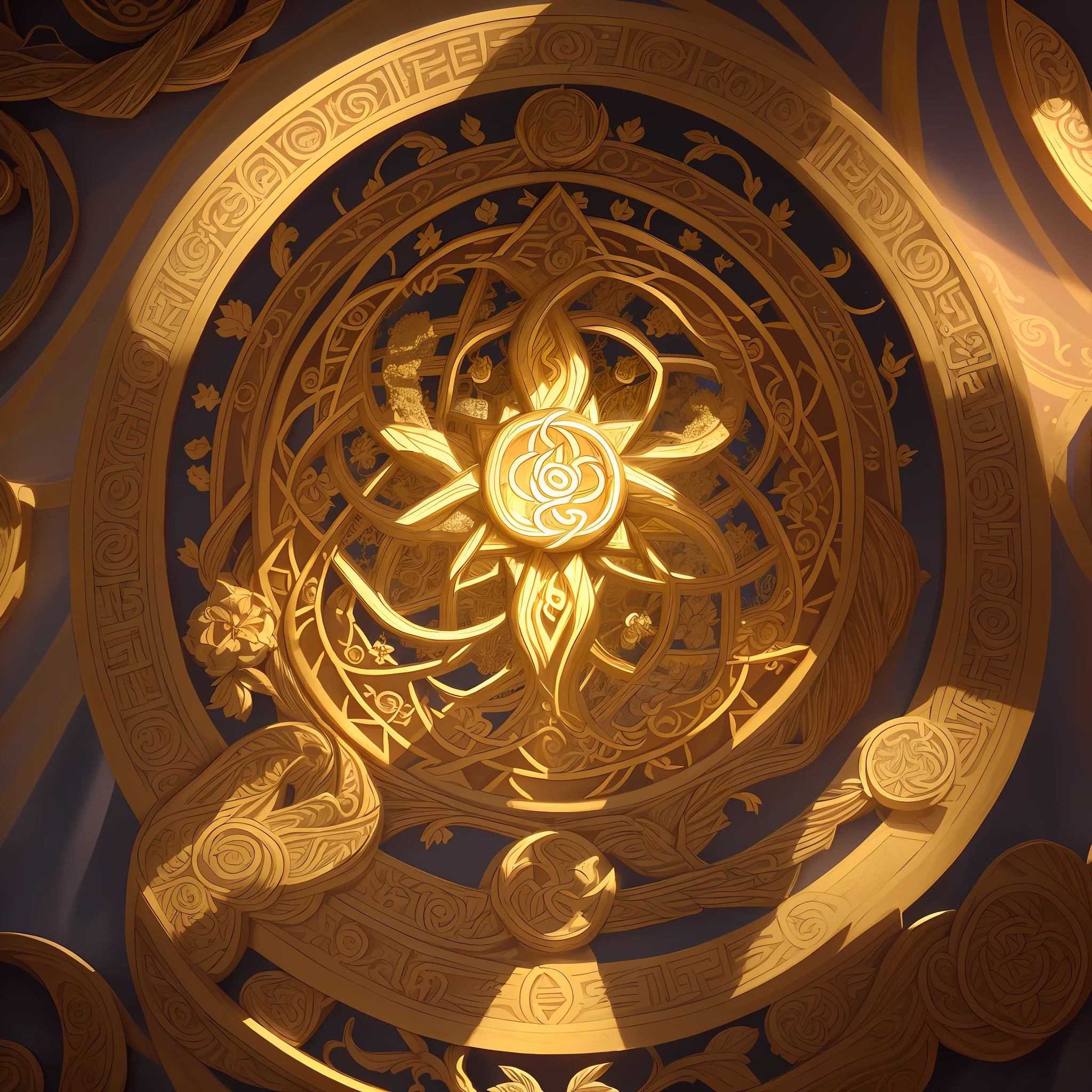An ancient emblem of spiritual and physical cleansing, depicting a mystical symbol of intertwined vines and flames, representing purification and renewal, golden rays of light emanating from the center, illuminating the surrounding darkness, capturing the intricate details of the emblem's delicate engravings, Sculpture, marble carving, --ar 1:1 --v 5